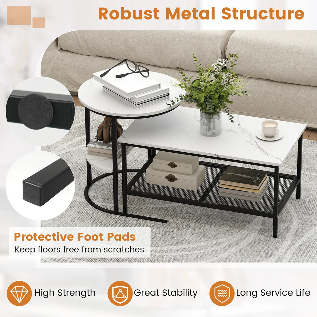 Coffee Table Set of 2, 2-Tier Coffee Table and Side End Table W/ Storage Shelves