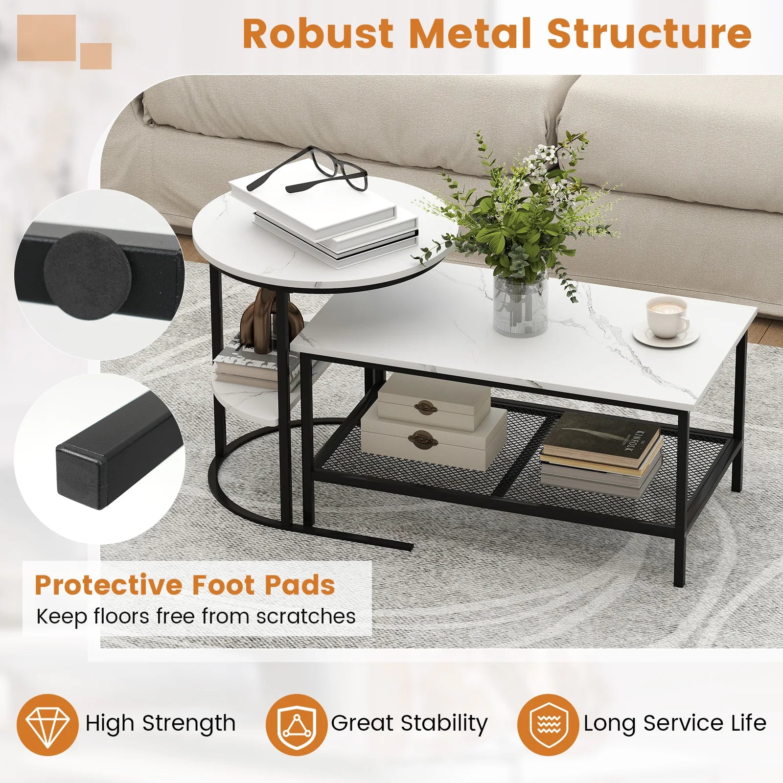 Coffee Table Set of 2, 2-Tier Coffee Table and Side End Table W/ Storage Shelves
