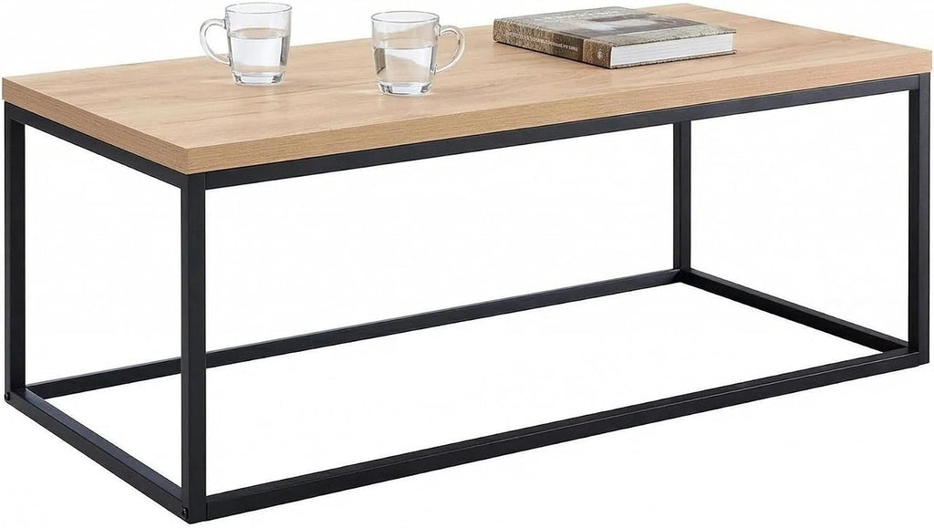 40" Natural Oak Coffee Table, Extra Thick 1.2" Top | Modern Industrial Style, Black Metal Legs, Rectangle Minimalist Design, Sturdy & Easy Assembly