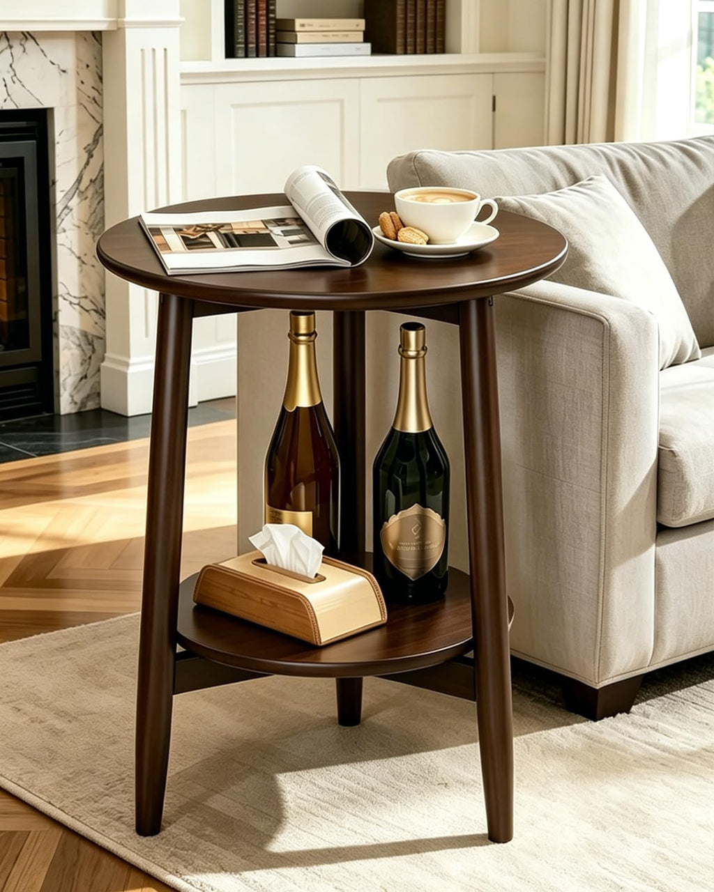 Solid Wood round End Table with Lower Shelf, round Side Table, Dark Walnut | Solid Wood round End Table with Lower Shelf for Storage,Small round Coffee Table.Fits Small Spaces in Living Room or Bedroom.