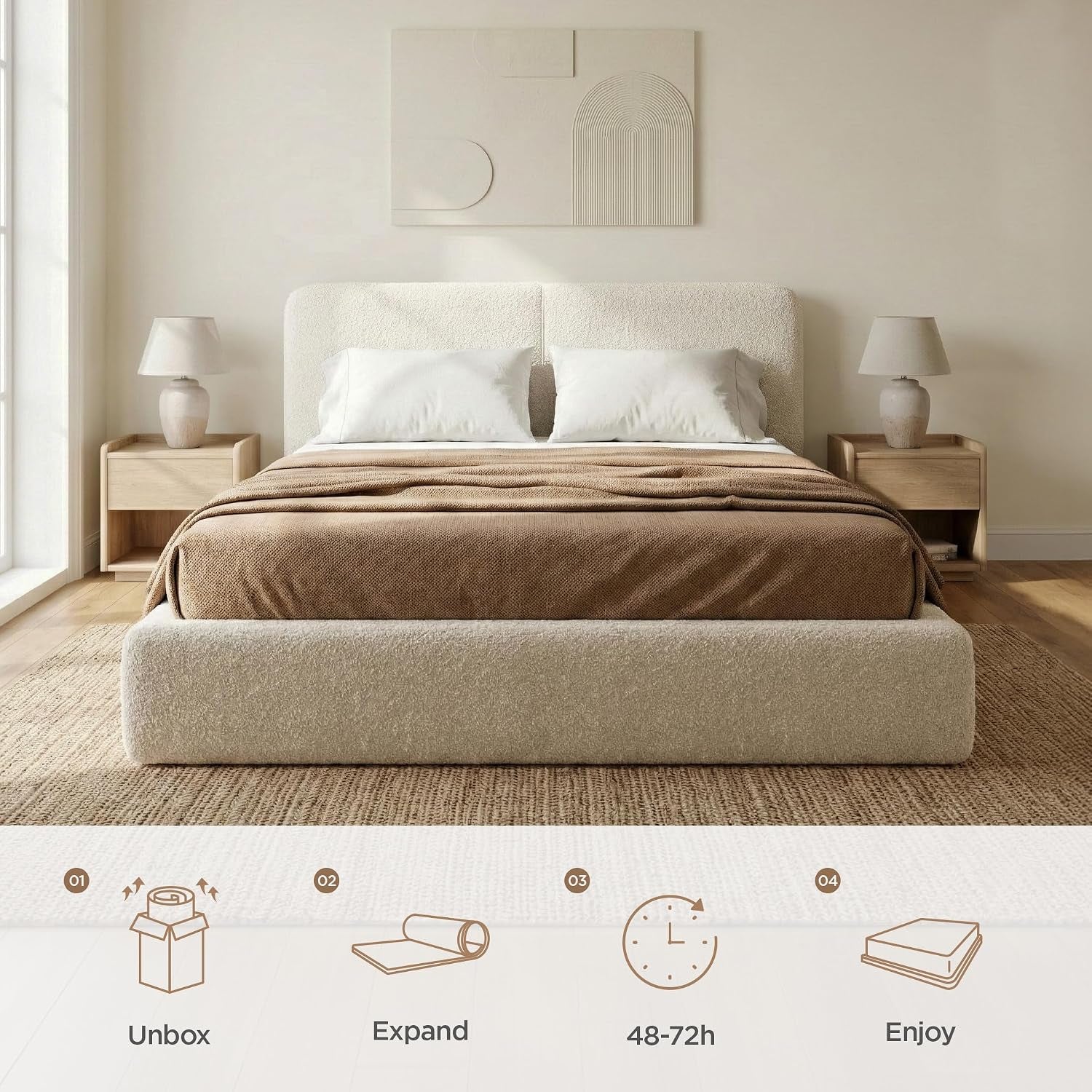 Boucle upholstered queen cloud bed frame