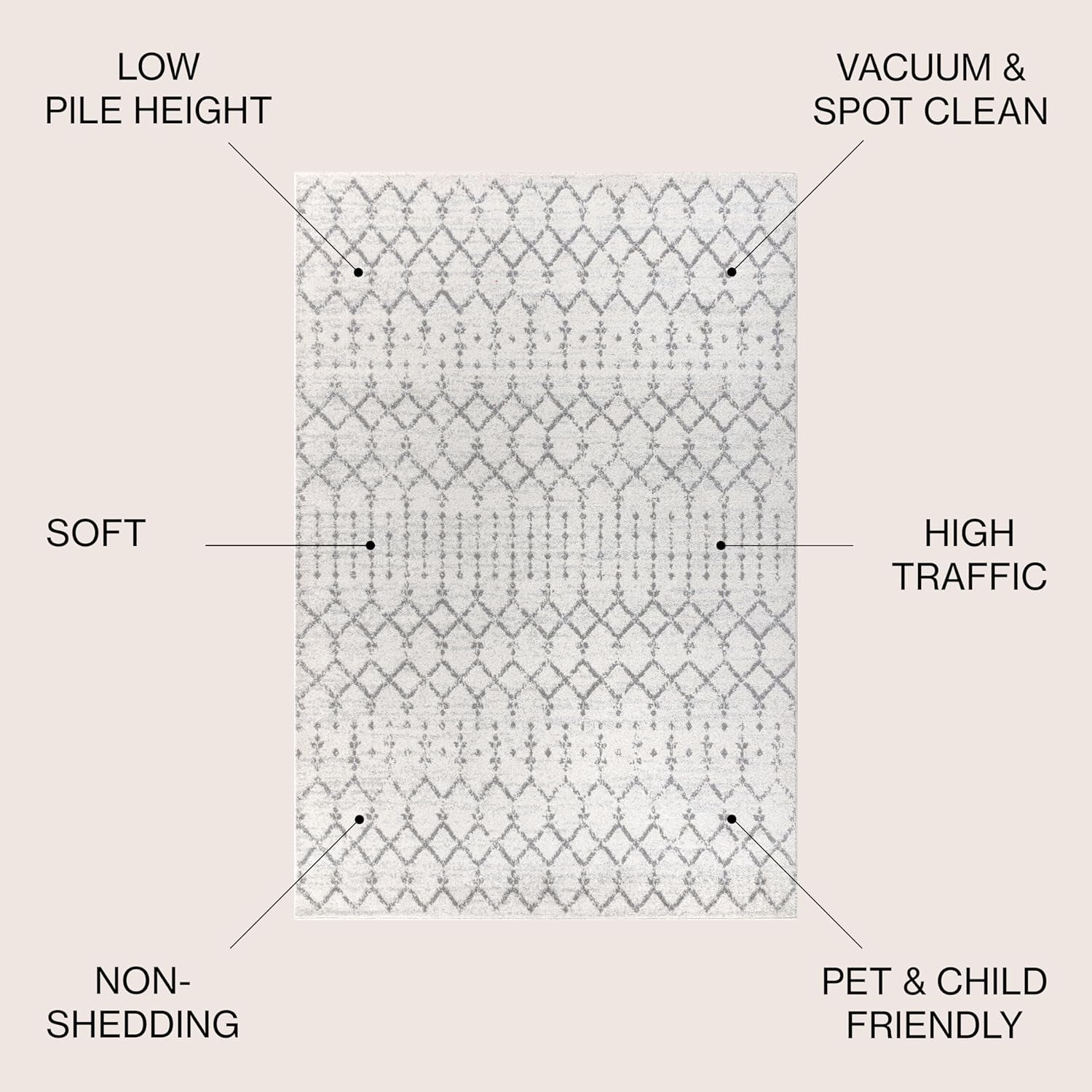Boho Vintage Diamond Cream/Gray Indoor Area Rug 8X10 Ft, Moroccan Hype for Living Room, Bedroom, Kitchen, Office, Easy-Cleaning, High Traffic, Pet-Friendly, Non-Shedding (MOH101B-8)