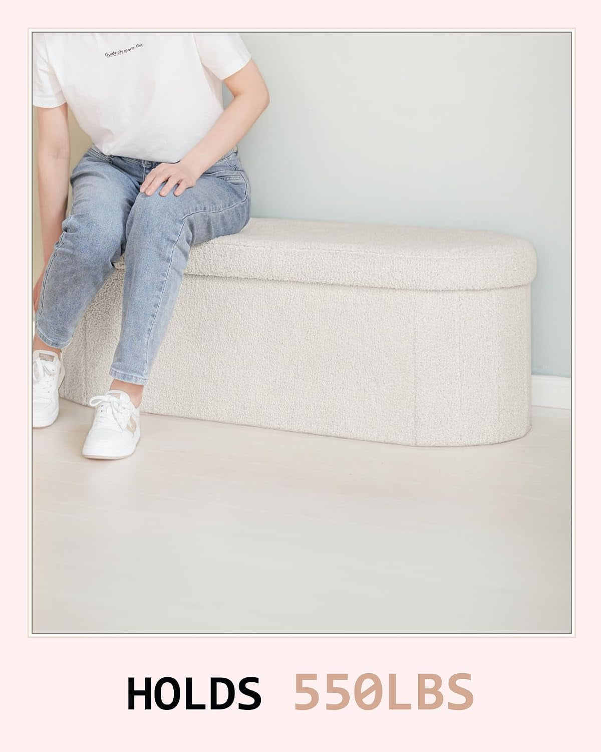 43.3 Inches Foldable Storage Ottoman Bench, Oval Footrest | Teddy Boucle Fabric, Hidden Storage, Soft Padded Seat, End of Bed Bench for Bedroom, Living Room and Entryway, White