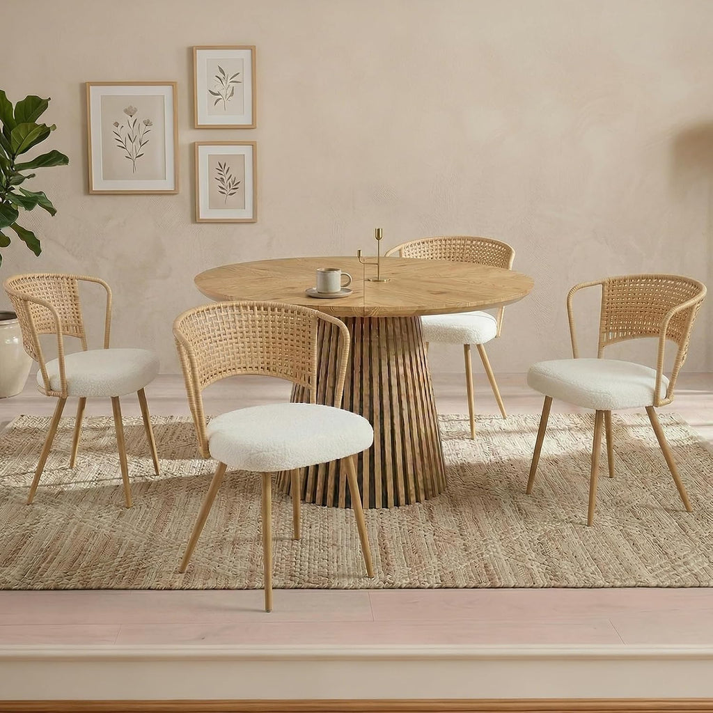 Wicker Dining Chairs Set of 4, Farmhouse Cane Back Kitchen Chairs with Upholstered Cushion, Wingback Rattan Dining Chair with Metal Legs & Adjustable Feet, Modern Dining Room Chairs, Brown