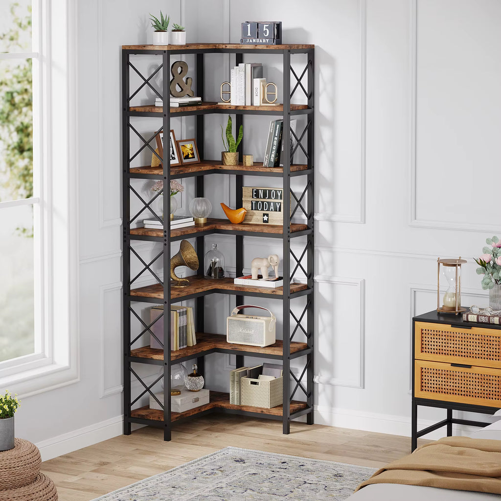 Seven tier corner bookshelf with metal frame