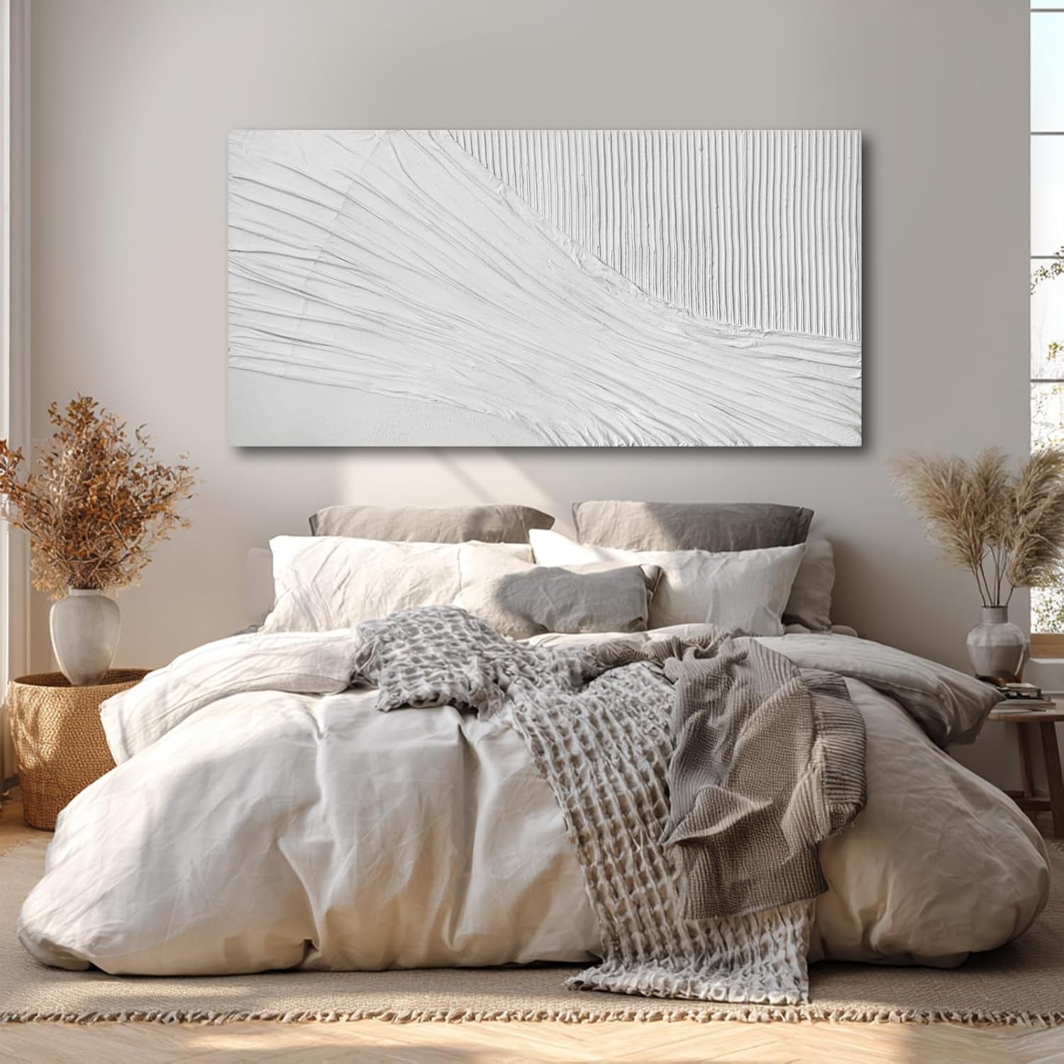 White Textured Abstract Wall Art Canvas 24X48 Inch, Hand Painted Modern Wall Art, Minimalist Neutral Wall Decor, Canvas Wall Art for Living Room Bedroom, Gallery Wrapped Ready to Hang