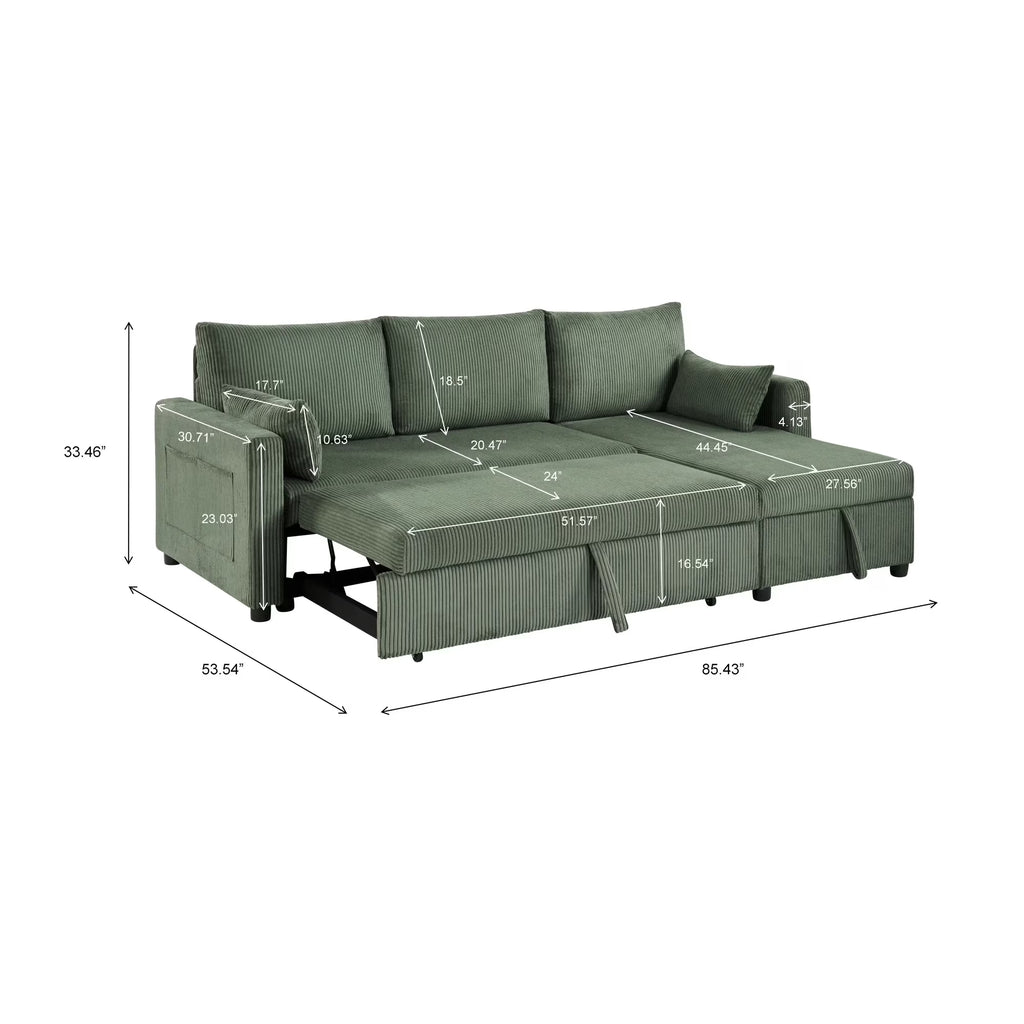 Olive drab corduroy L shaped sleeper sectional