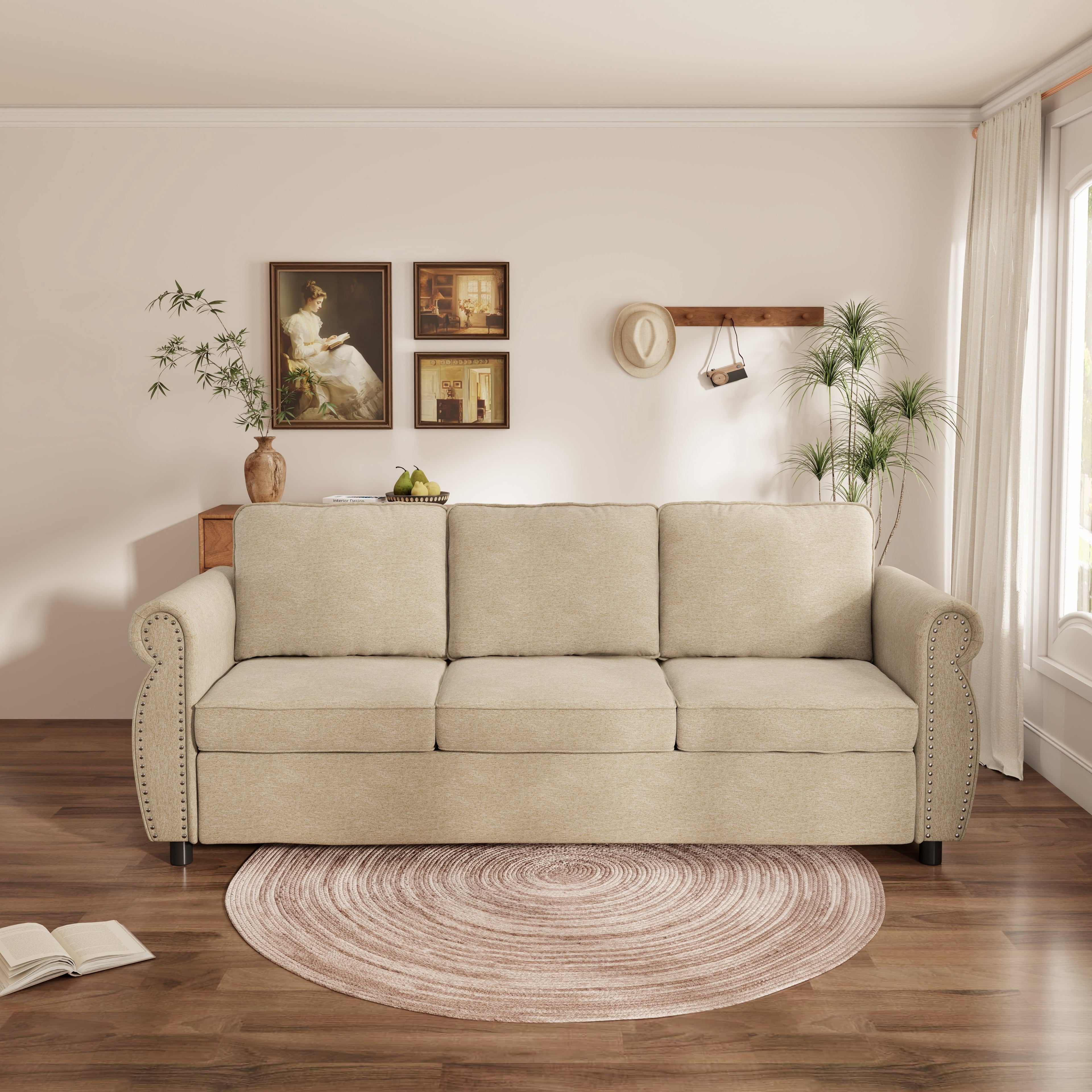 Queen Size Pull Out Sofa Bed, 2-In-1 Convertible Sleeper Couches with Memory Foam Mattress, 3 Seat Sleeper Couch Beds for Living Room, Beige
