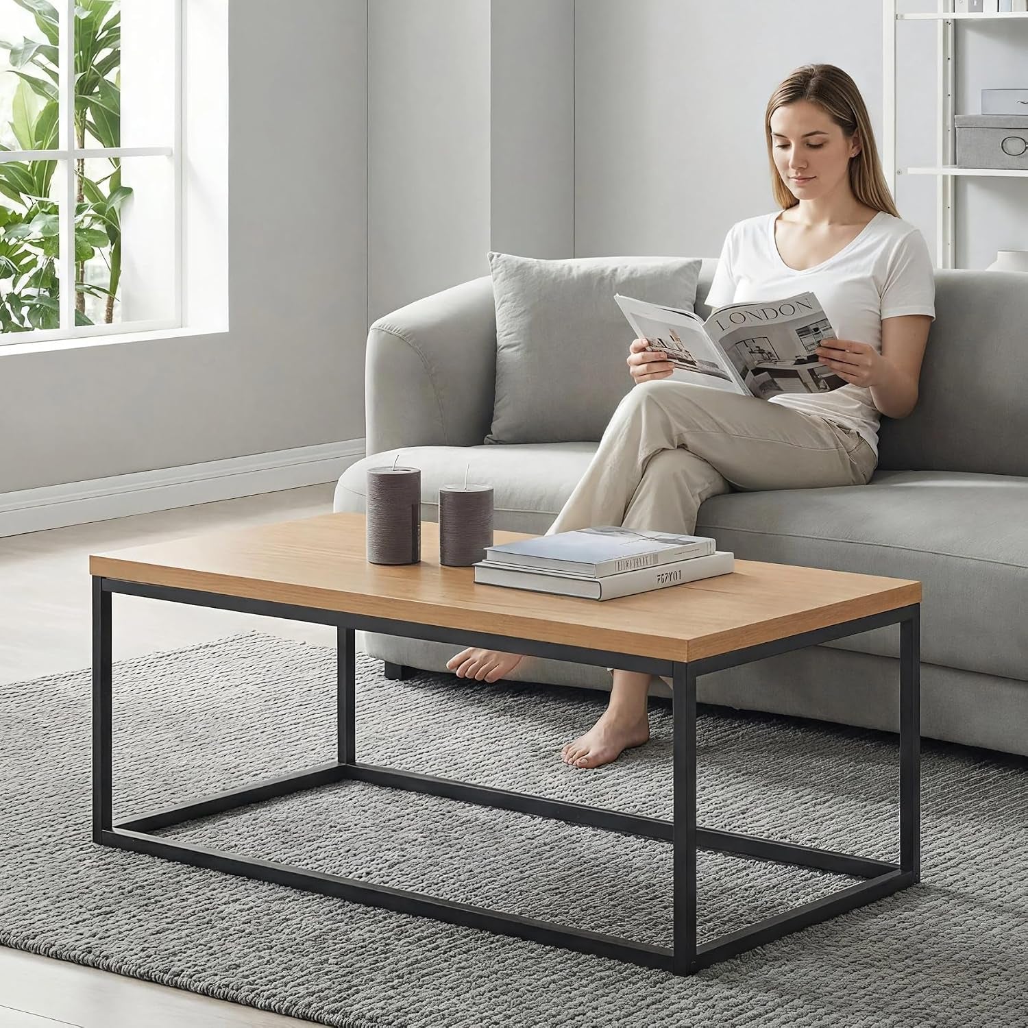 40" Natural Oak Coffee Table, Extra Thick 1.2" Top | Modern Industrial Style, Black Metal Legs, Rectangle Minimalist Design, Sturdy & Easy Assembly