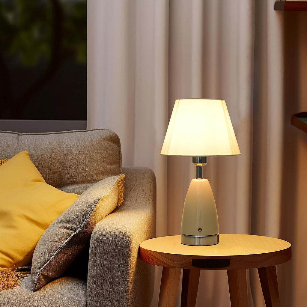 Farmhouse White Ceramic Table Lamp for Bedroom, Touch Dimmable Nightstand Lamps with Fabric Shade, 6W E26 Ceramic Lamp with USB a + C Port for Living Room Bedside Buffet