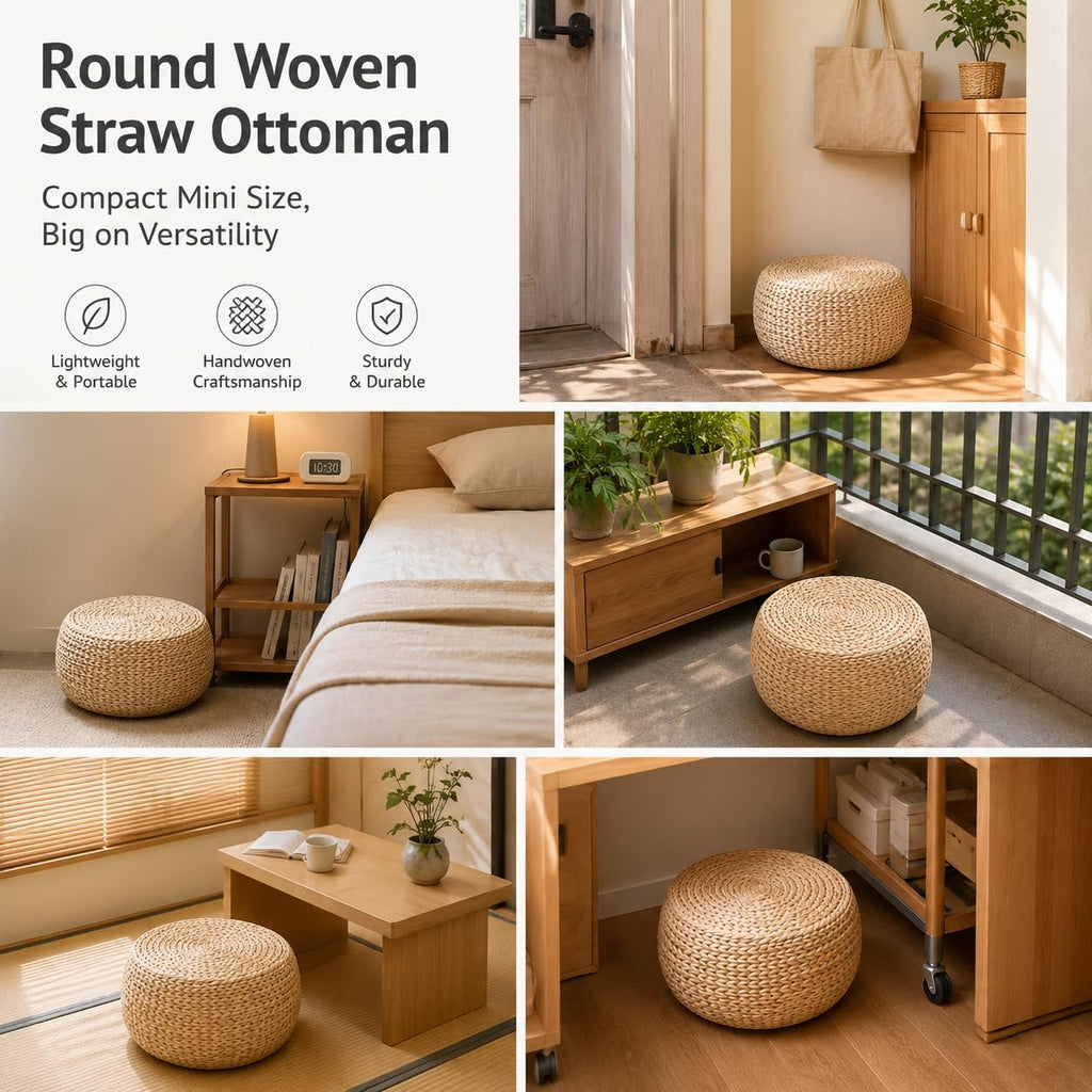 Small Straw Pouf Ottoman, Low Natural Footrest, Dia: 12.2" | Natural, Eco-Friendly, Lightweight, Anti-Slip, Breathable, Boho Tatami Footstool for Living Room Bedroom Patio