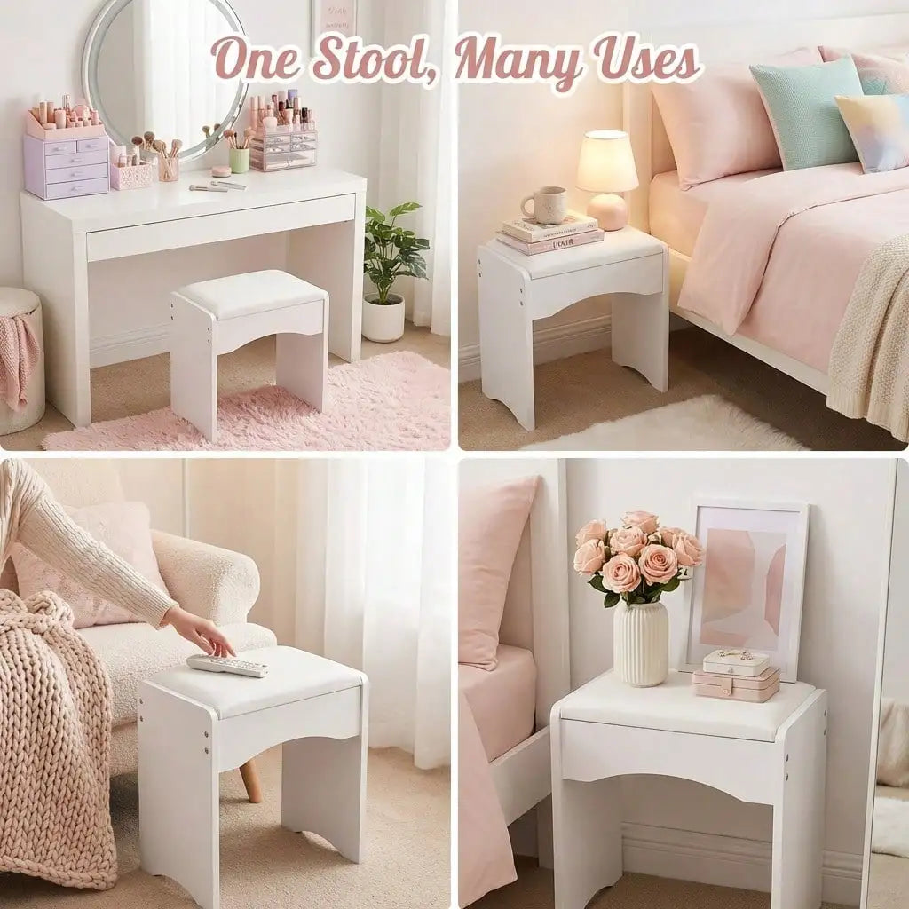 Modern Upholstered Vanity Stool with Storage, Soft Padded Seat Makeup Chair, White & Grey Accent Stool for Bedroombathroom