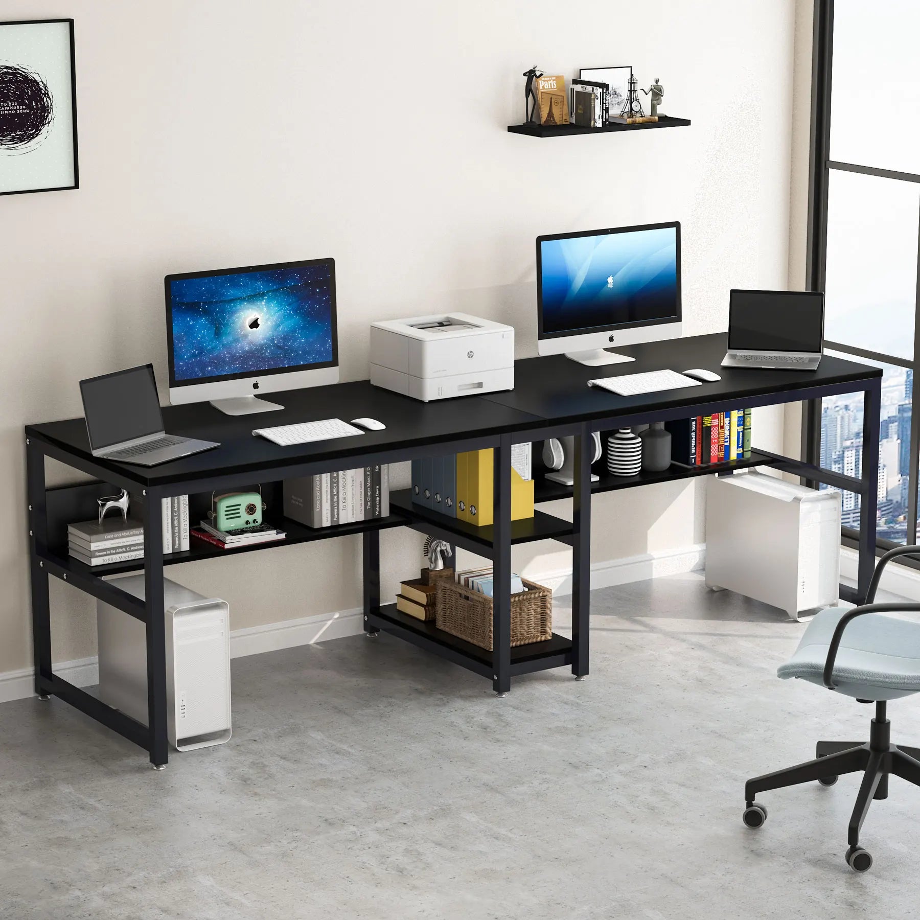 Two Person Desk with Bookshelf, 78.7 Computer Office Double Desk for Two Person, Rustic Writing Desk Workstation
