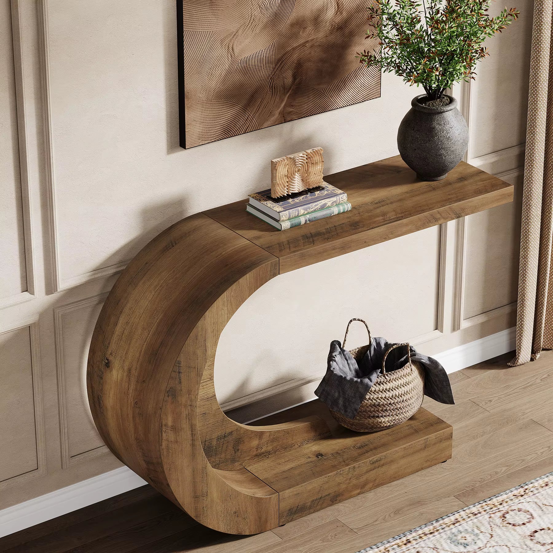 43.3" Mid-Century Modern Console Table for Entryway, Wood C-Shaped Hallway Entry Accent Table for Living Room