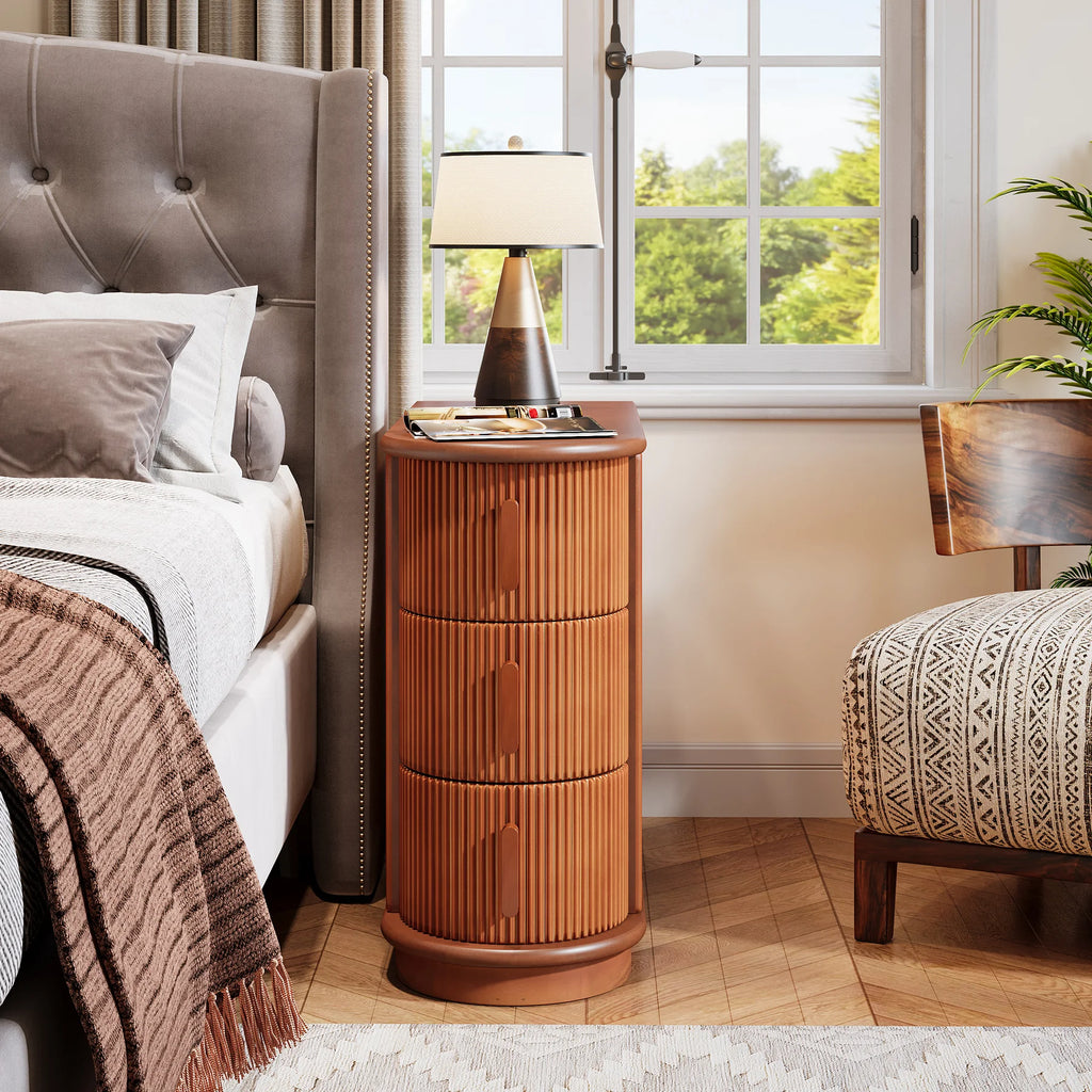Solid Wood End Table, 3-Drawer Modern Sofa Side Table, No Assembly Required, Narrow Chair Side Table Slim Nightstand