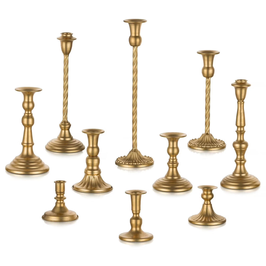 Set of 10 Gold Candlestick Holders, Tall Metal Taper Candle Holder for Candlestick Dinning Table Centerpiece Mantel Decoration