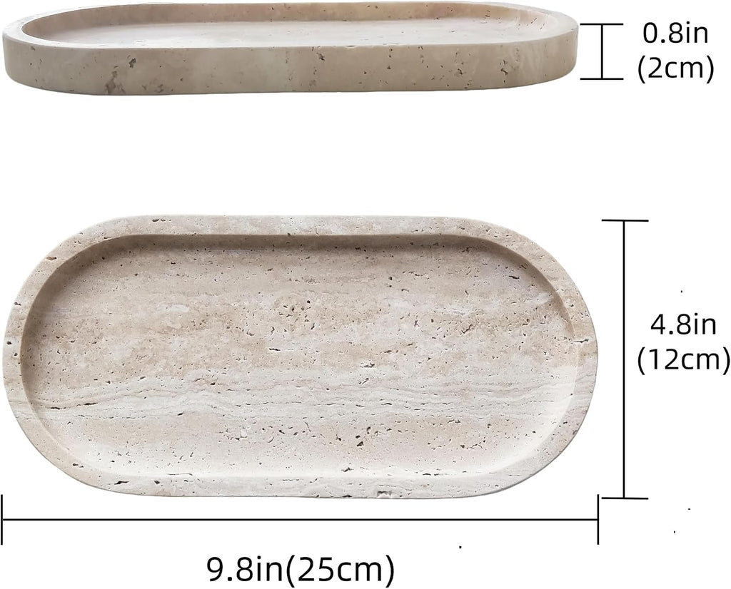Oval Travertine Tray 4.8 in X 9.8 in for Bathroom Dresser Countertop Organizer, Natural Marble Vanity Tray for Perfume, Candles, Ring, Decorative Jewelry Dish