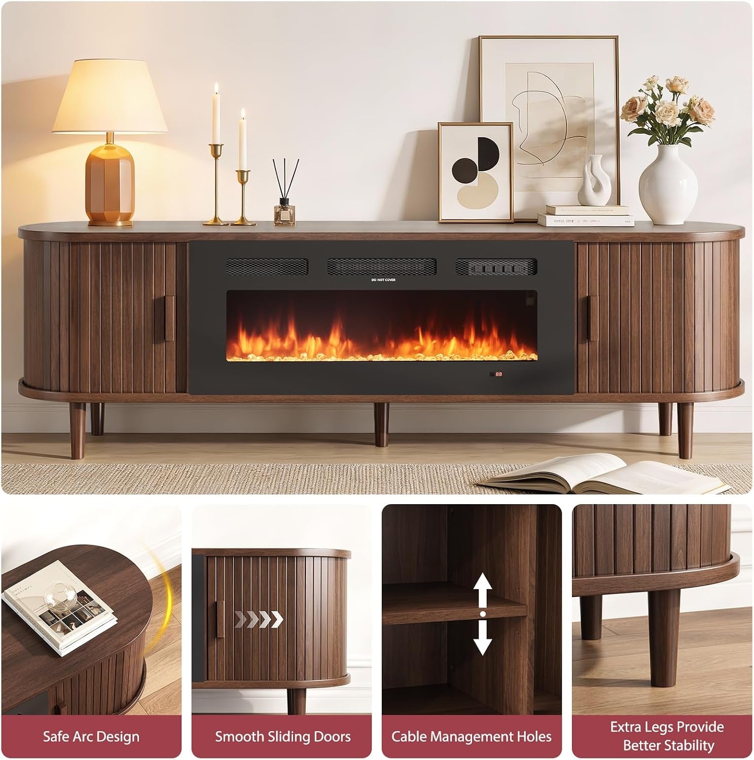 70″ Fluted Fireplace TV Stand, Mid Century Modern TV Stand with 36″ Fireplace for Tvs up to 80", Entertainment Center with Sliding Door & Solid Wood Legs, for Living Room, Walnut