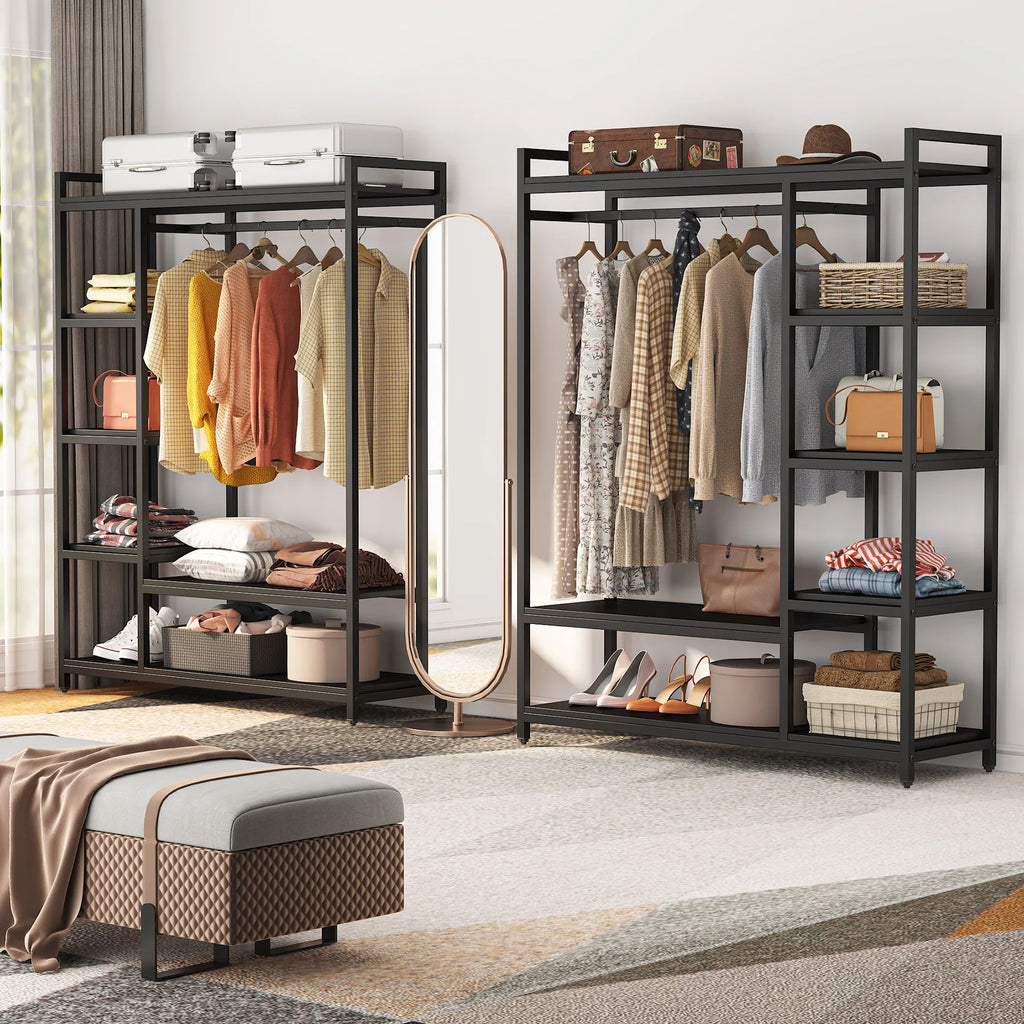 Free Standing Wood Closet Clothes Rack, Grament Rack with Shelves, Hanging Racks for Clothes Clothing Rack for Bedrom
