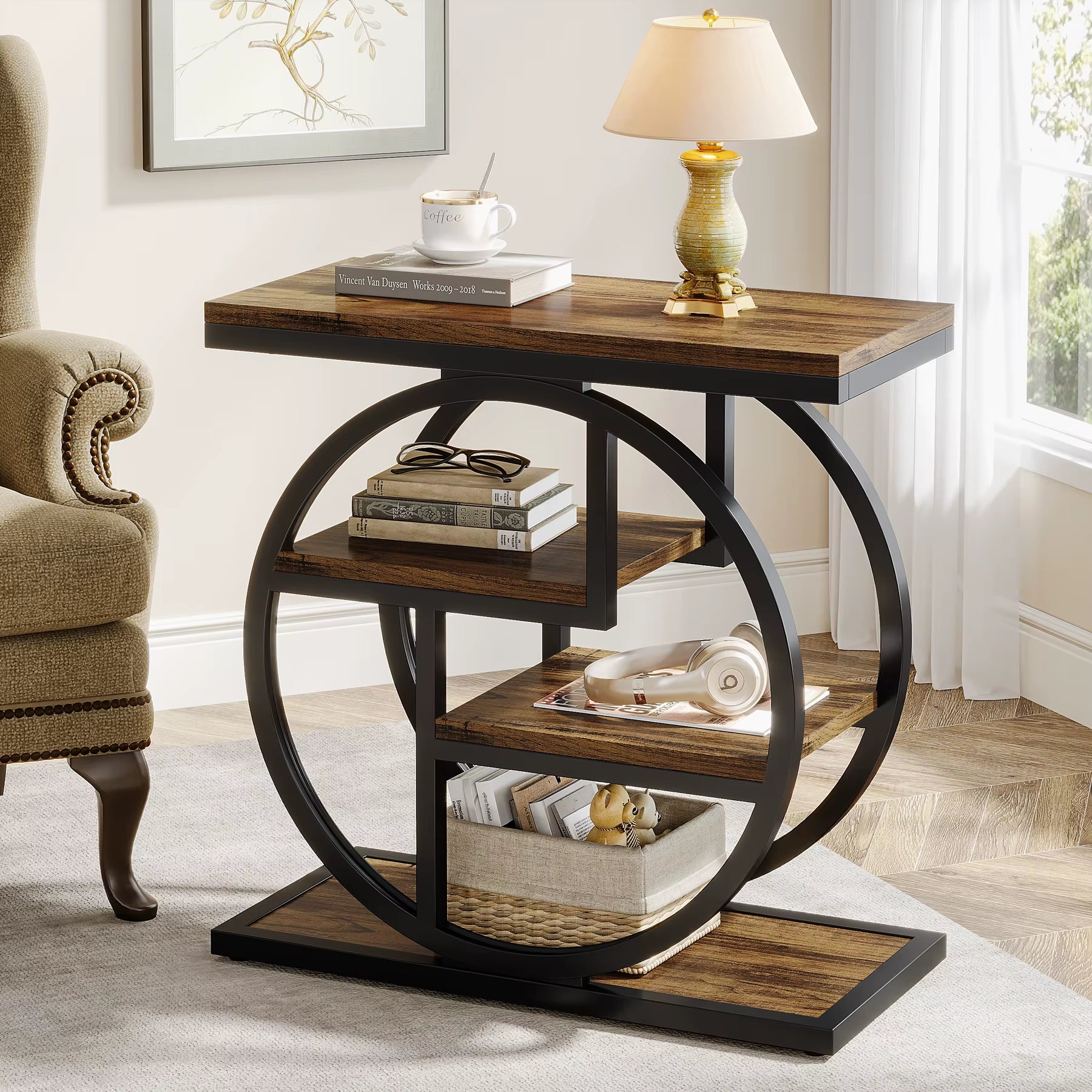 End Table, Narrow End Table with 3 Storage Shelves, Wooden Side Table, Industrial Small Sofa Side Table