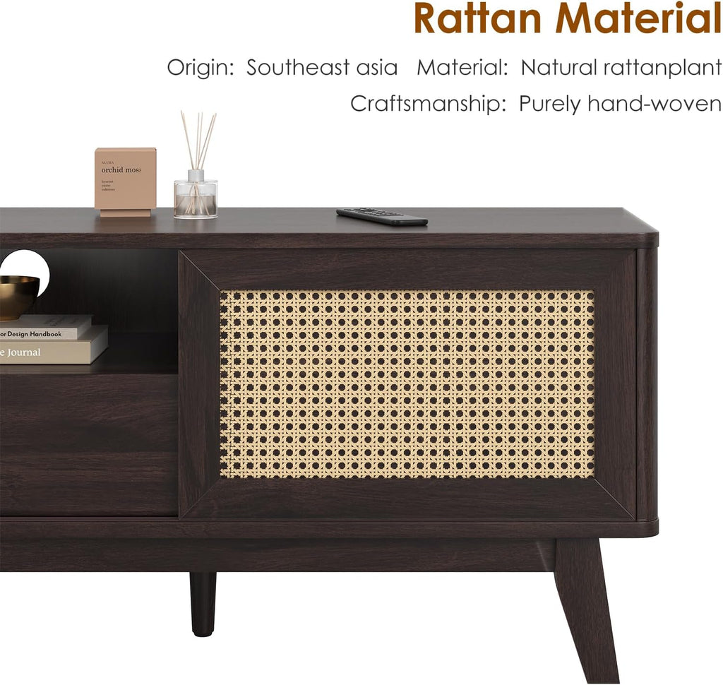 Rattan TV Stand for Tvs, Wood TV Stand Mid Century Modern TV Stand TV Media Console with Drawer and 2 Cabinets, Boho Entertainment Center for Living Room