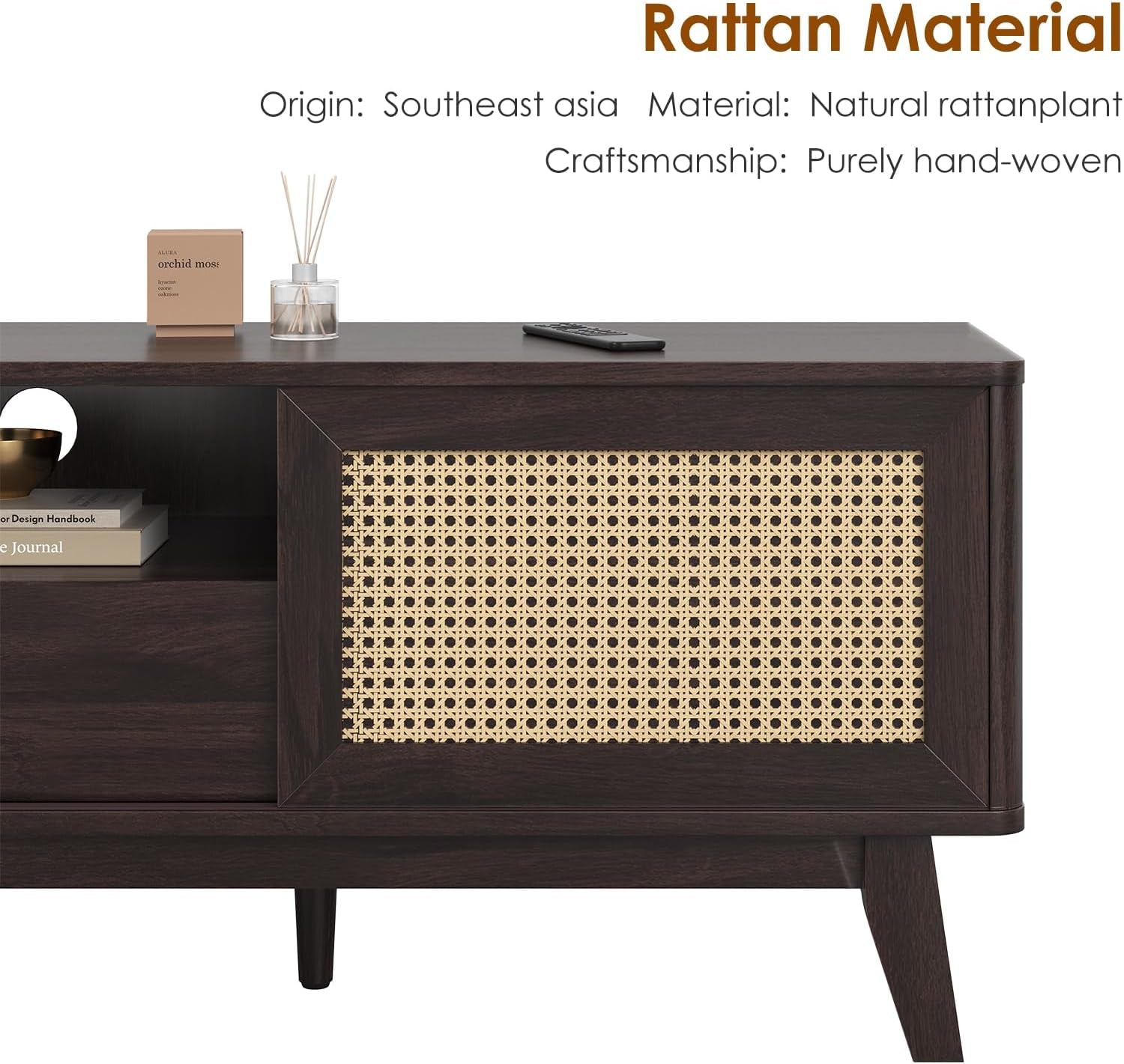 Rattan TV Stand for Tvs, Wood TV Stand Mid Century Modern TV Stand TV Media Console with Drawer and 2 Cabinets, Boho Entertainment Center for Living Room