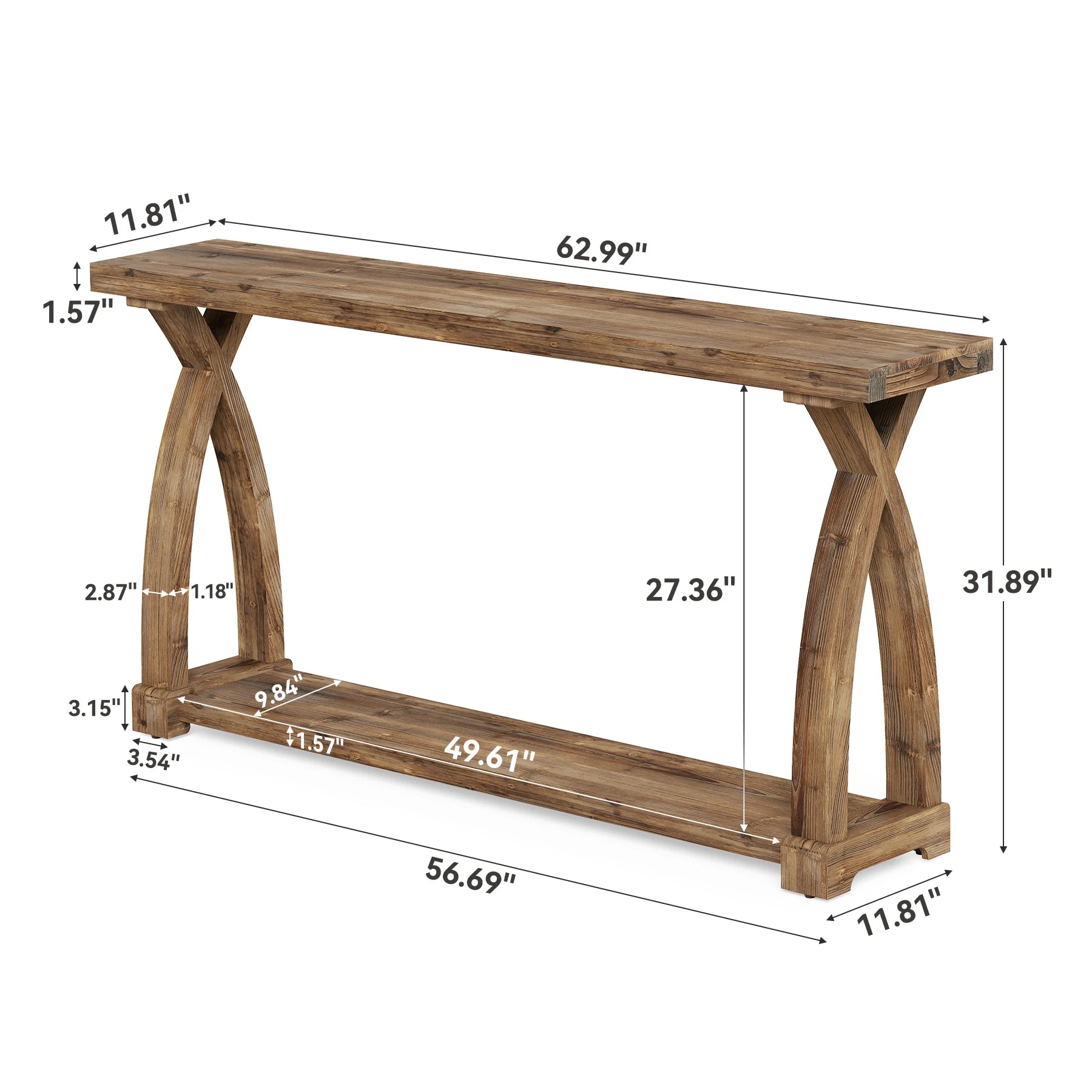 Solid Wood Console Table for Entryway, 63-Inch Narrow Farmhouse Couch Table behind Sofa with 2-Tier Storage for Entrance, Foyer, Living Room, Long, Rustic Brown