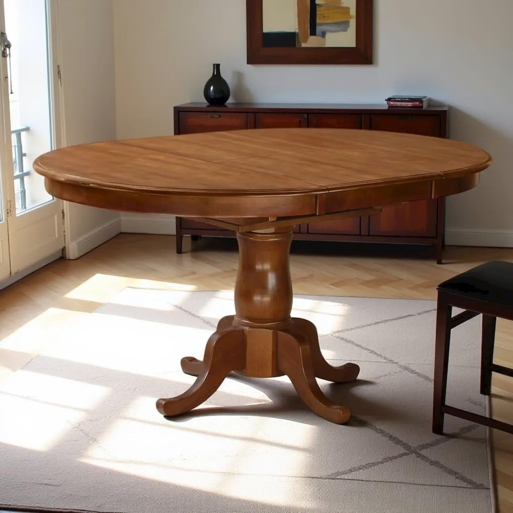 Oval Dining Table Solid Wood Expandable Table for 6 with 18" Butterfly Leaf, Classic Pedestal Base for Kitchen and Dining Spaces, Saddle Brown