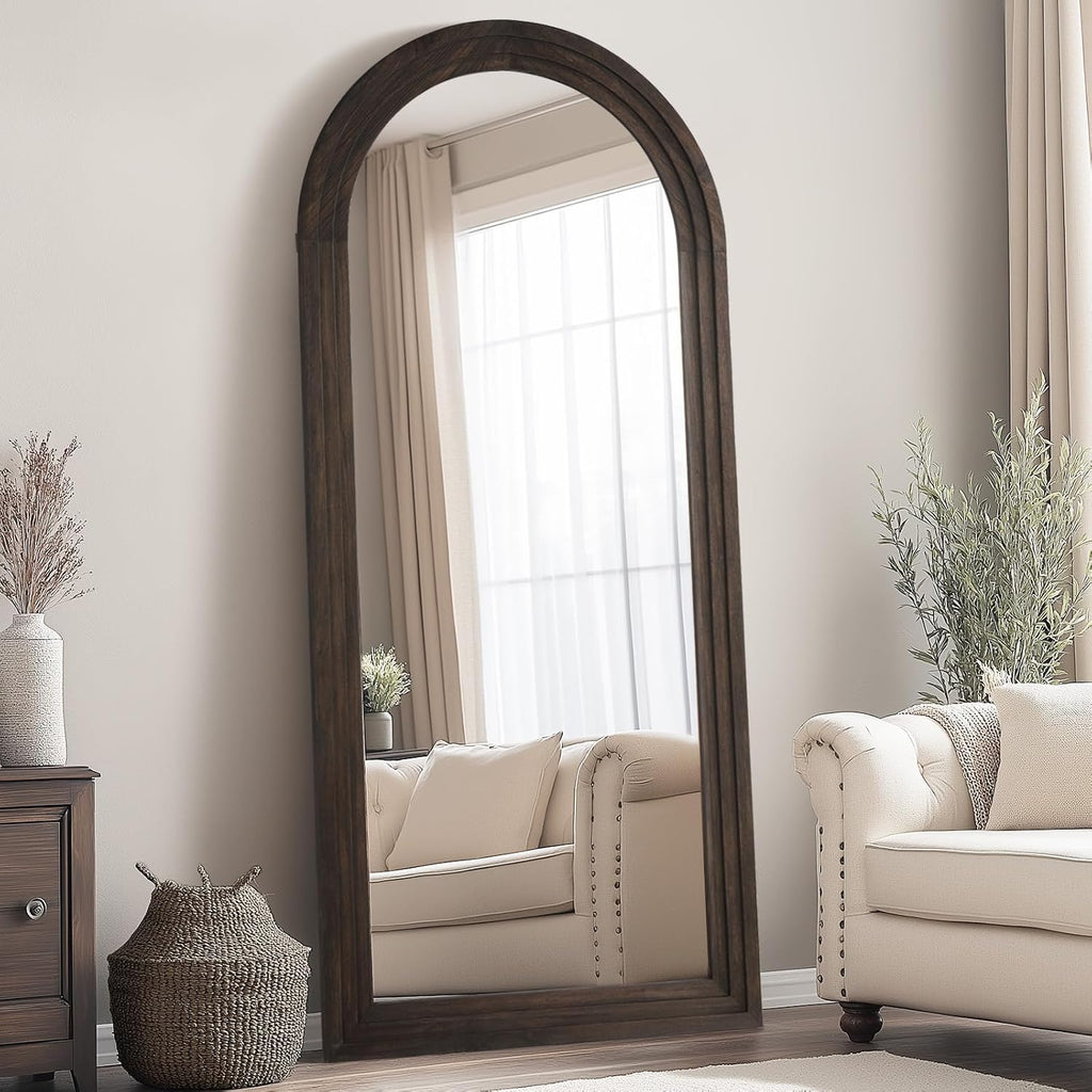 Large Arched Wood Mirror Full Length, 71"X32" Rustic Floor Mirror | Farmhouse with Stand, for Bedroom Living Room Dressing Room Entryway, Free Standing Leaning or Wall Mounted, Brown