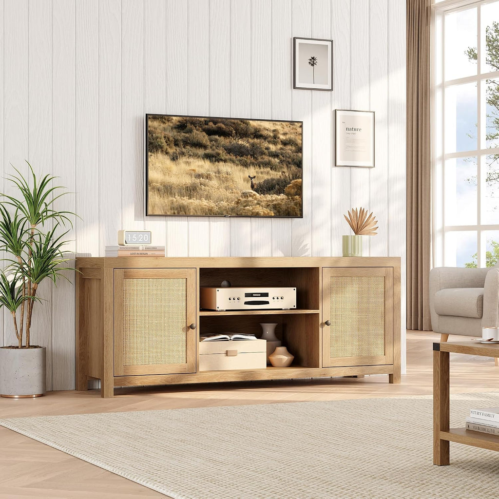Natural oak boho rattan media console