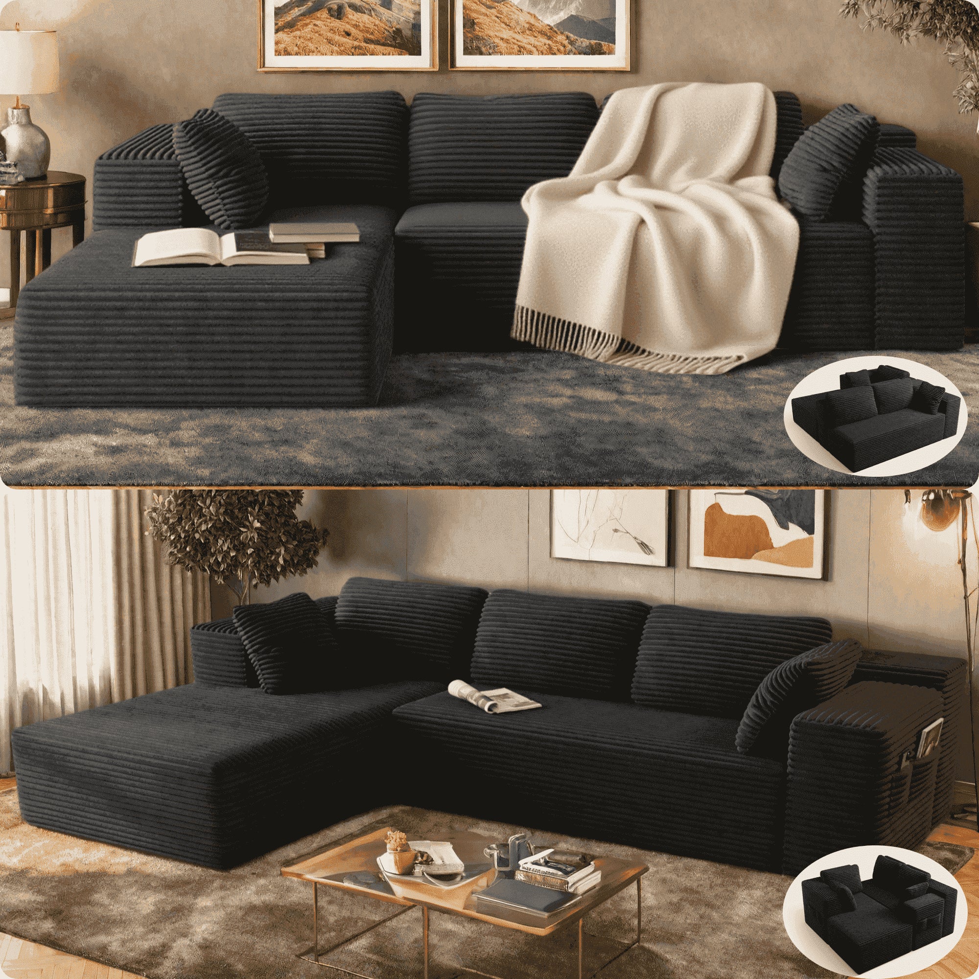 Sofa,  105" L-Shaped Sectional Couch for Living Room, High-Resilience Foam & Premium Corduroy Fabric, Free Assembly, Black