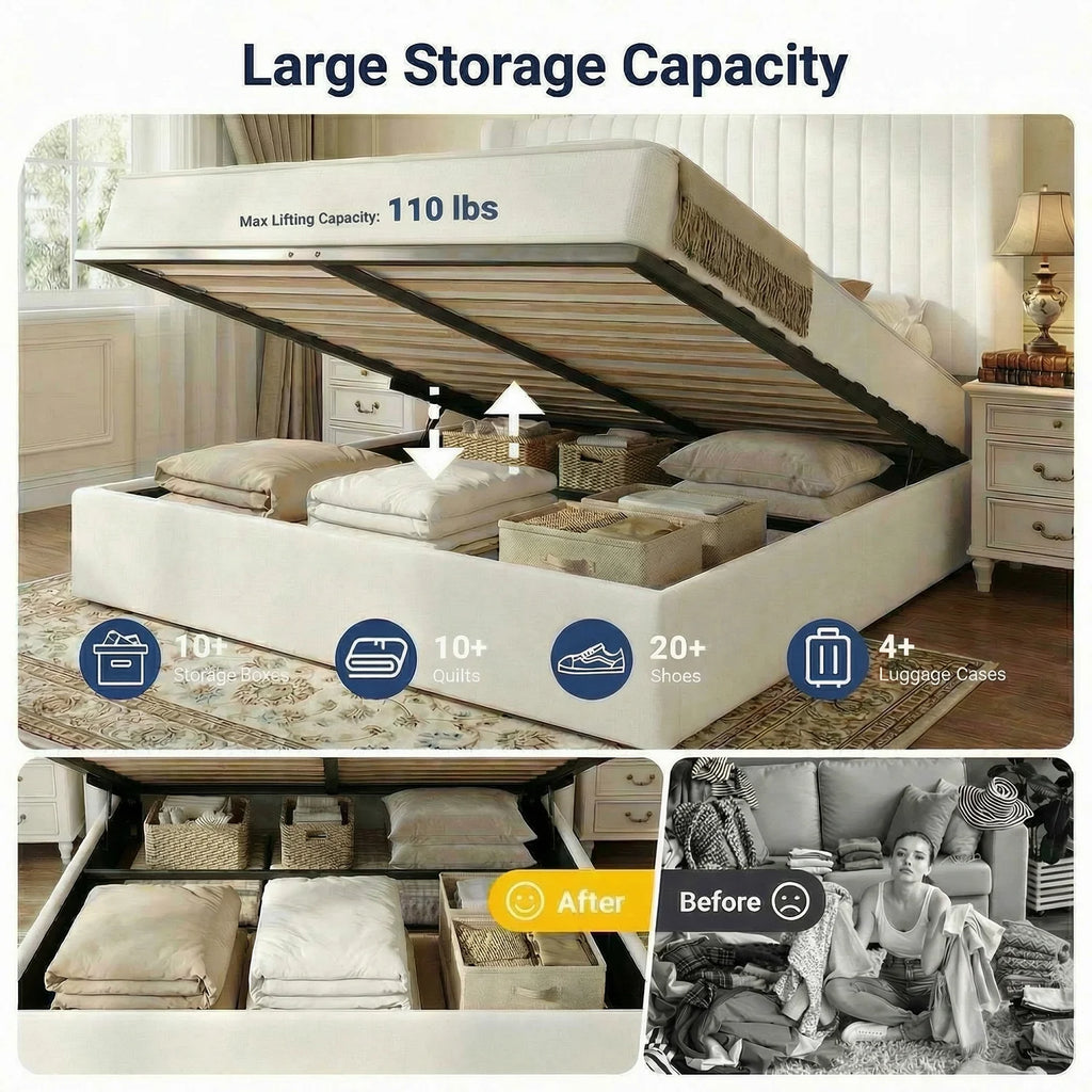Upholstered lift up storage platform bed