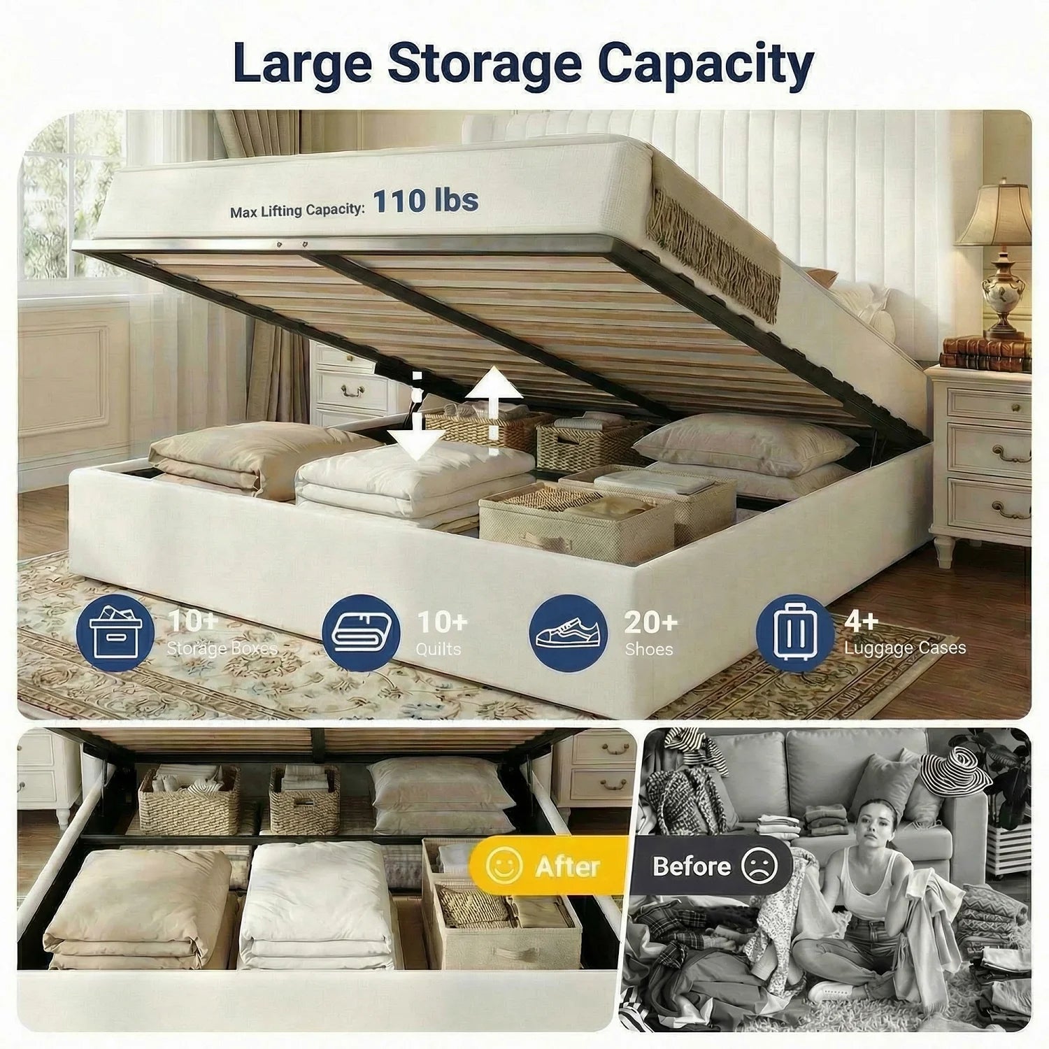 Upholstered lift up storage platform bed