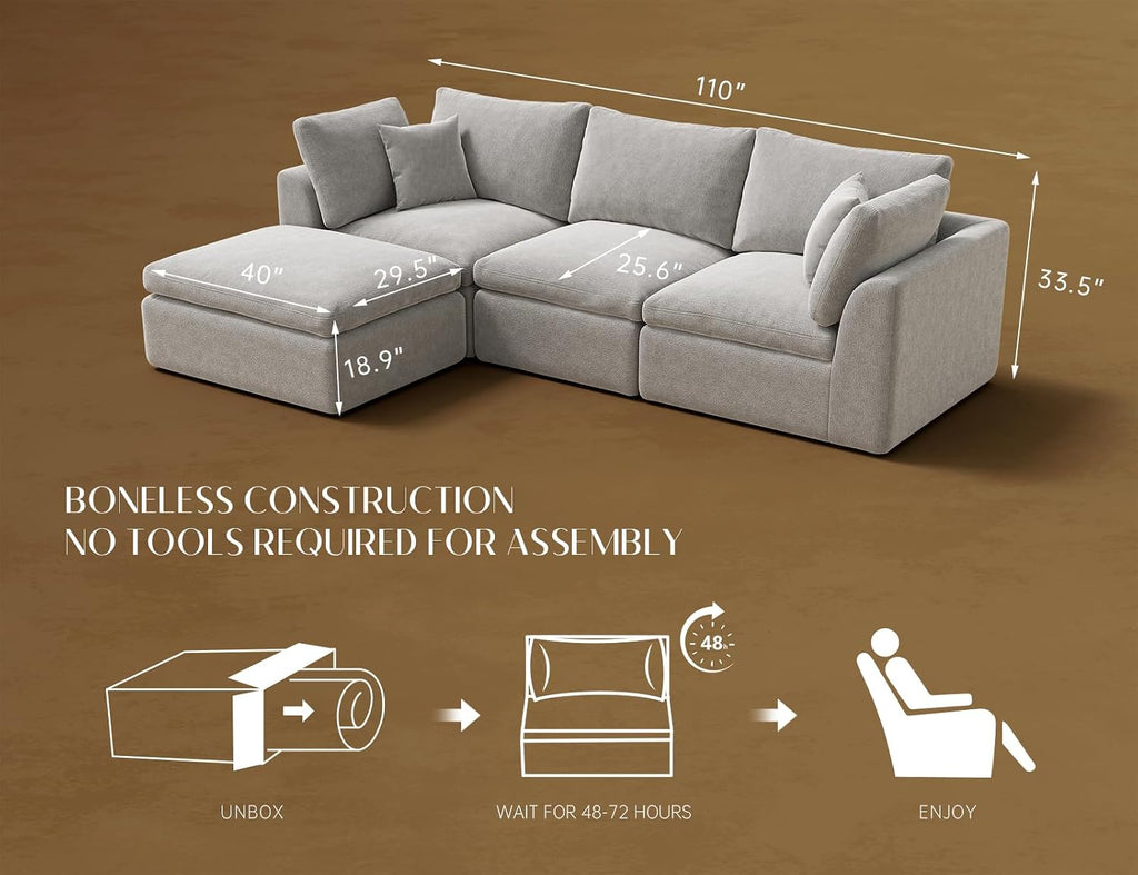 110" Cloud Sectional Couches for Living Room, Boneless L-Shape Couch with Ottoman, 3 Seater Modular Sectional Sofa, Light Grey