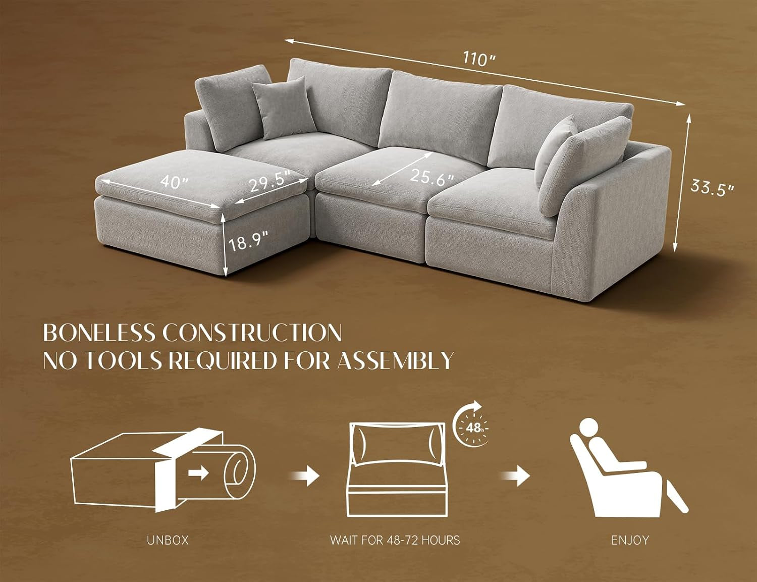 110" Cloud Sectional Couches for Living Room, Boneless L-Shape Couch with Ottoman, 3 Seater Modular Sectional Sofa, Light Grey