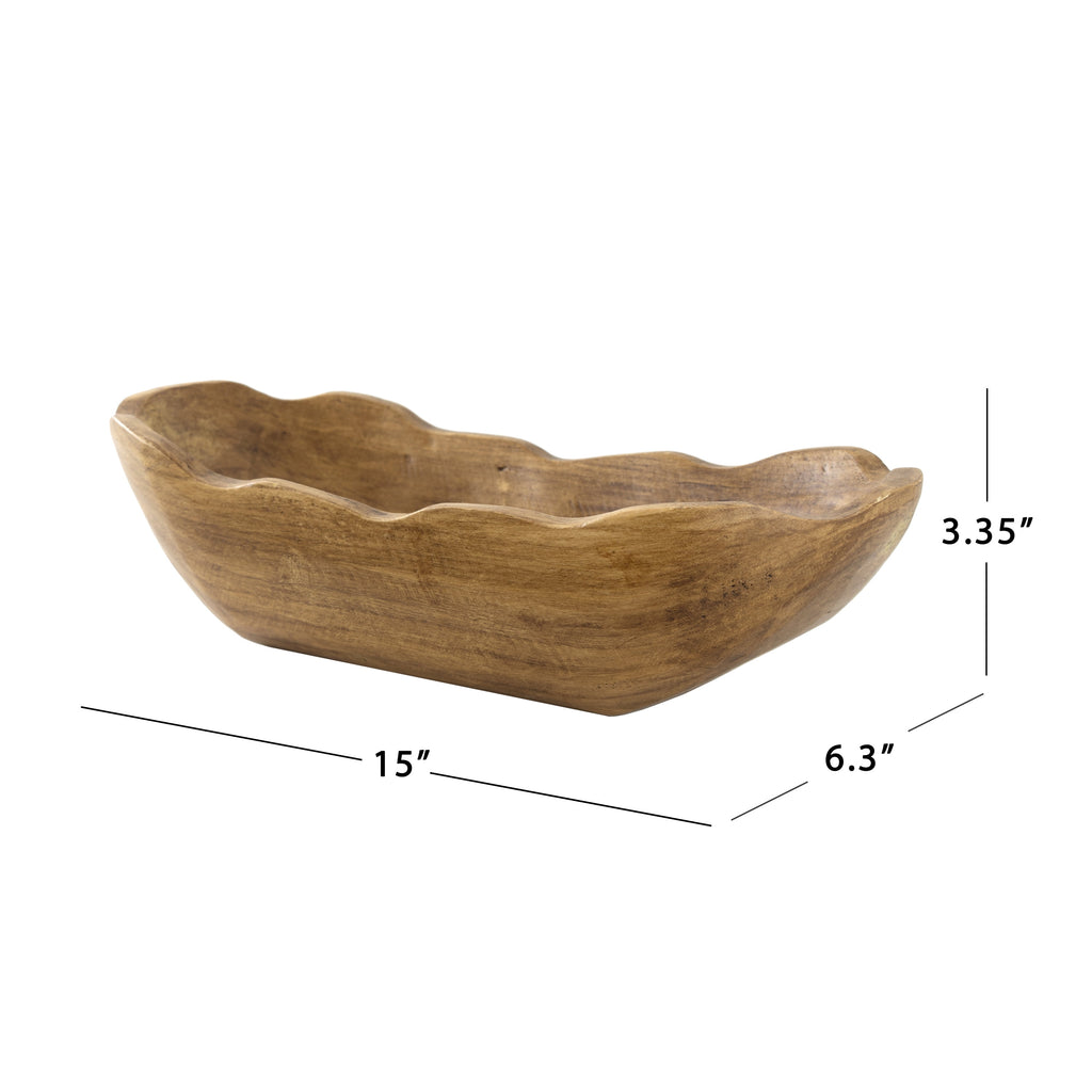 Indoor Carved Mid-Tone Brown Wood Decorative Dough Bowl