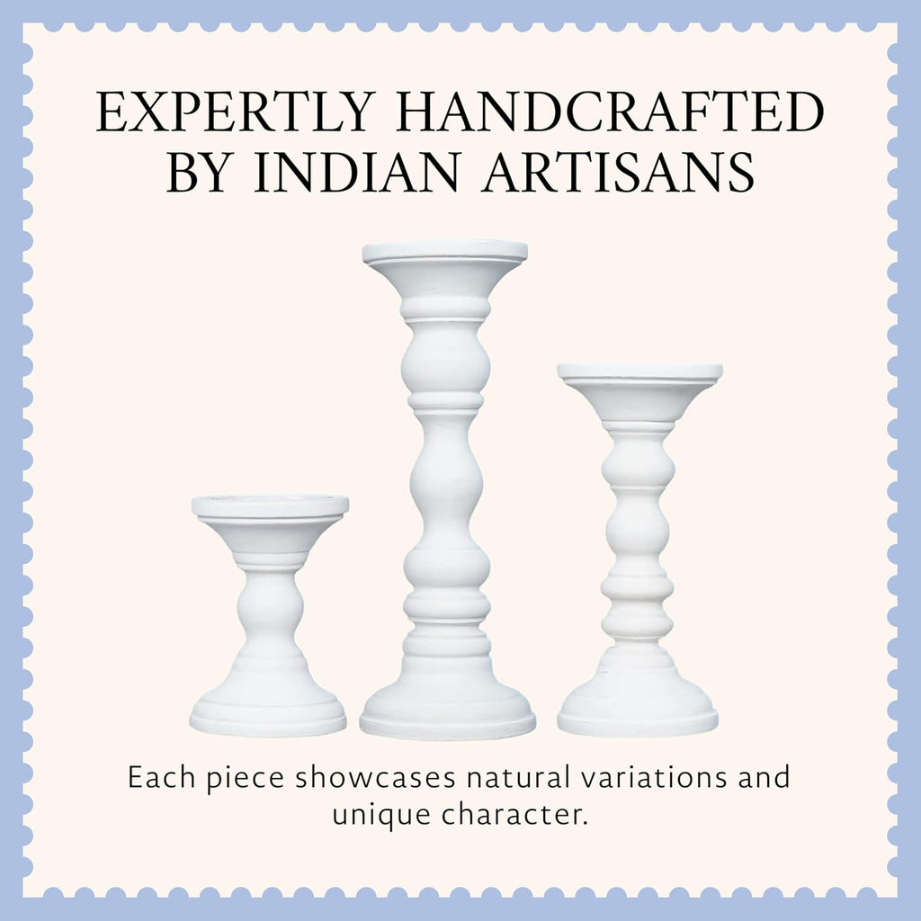 Willow Mango Wood Candle Holders - Matte White, Set of 3 | 6", 9" and 12" Hand-Carved Candle Holders for Table, Mantel and Living Room Décor Featuring Detailed Artisan Styling.