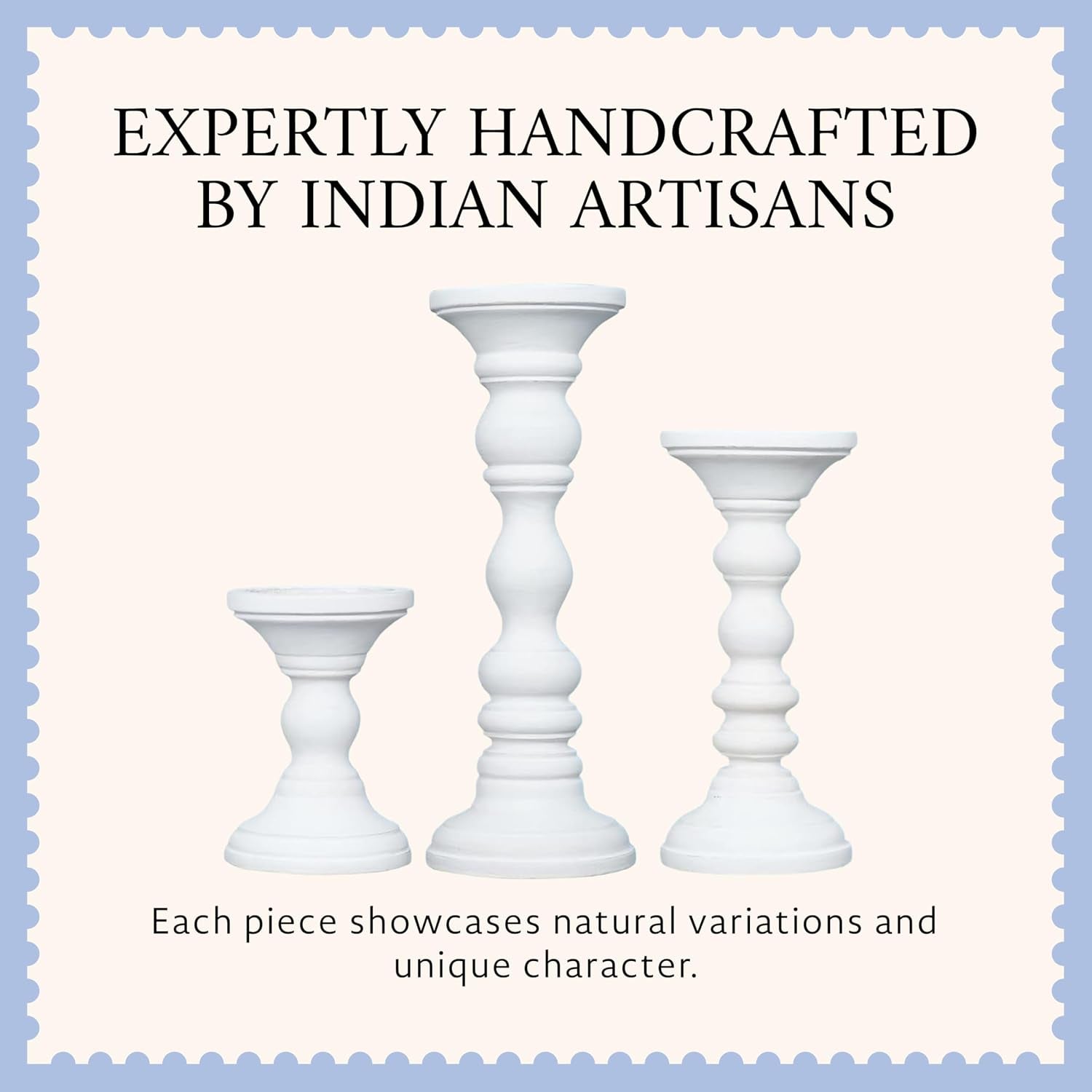 Willow Mango Wood Candle Holders - Matte White, Set of 3 | 6", 9" and 12" Hand-Carved Candle Holders for Table, Mantel and Living Room Décor Featuring Detailed Artisan Styling.