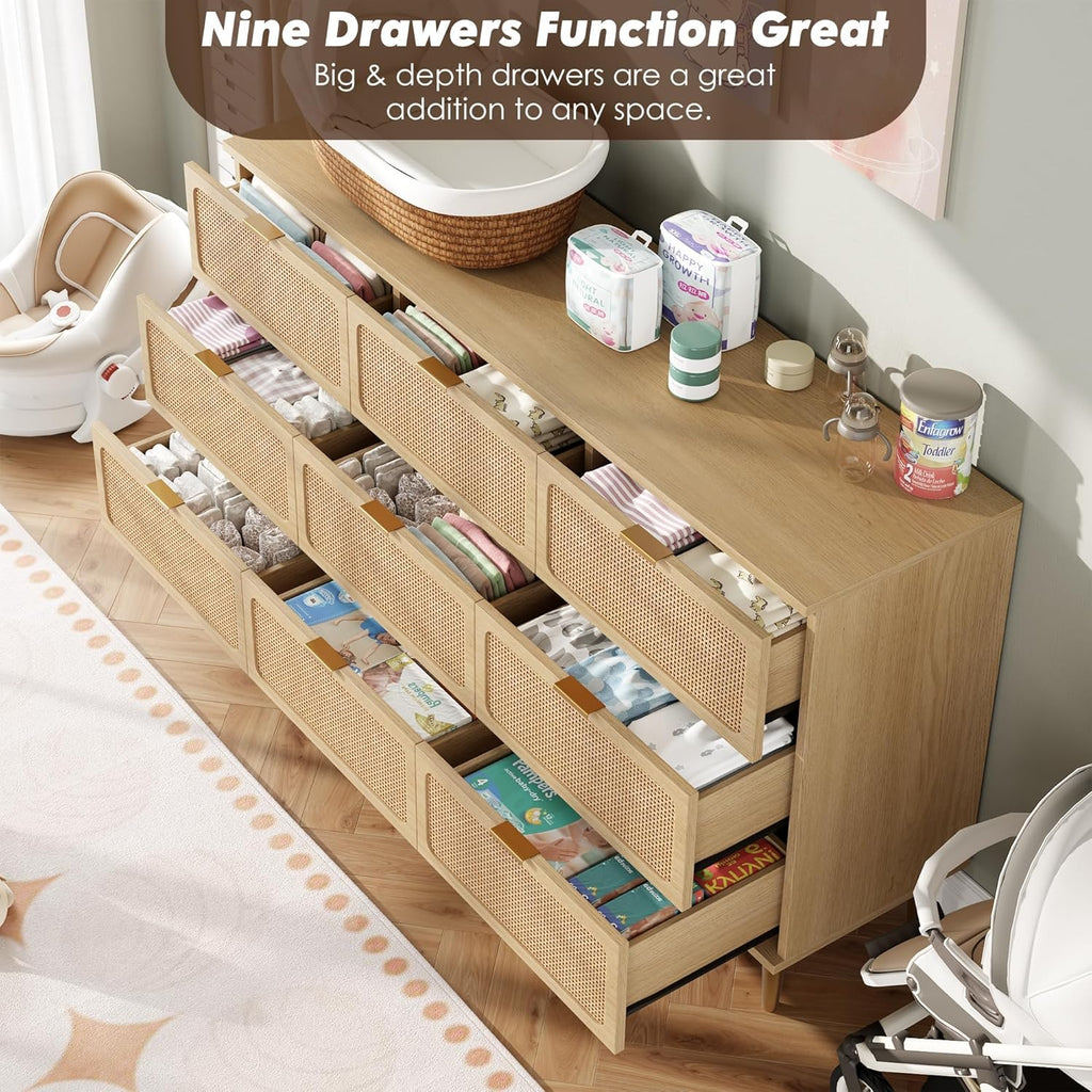 Rattan 9 Drawer Dressers for Bedroom, Deep Drawer, Natural | Tall Dresser, Wide Top, for Living Room, Hallway, Kids Room, Large Chest of Drawers for Closet, Long Wooden Dresser