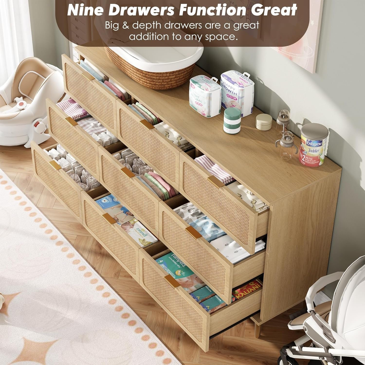 Rattan 9 Drawer Dressers for Bedroom, Deep Drawer, Natural | Tall Dresser, Wide Top, for Living Room, Hallway, Kids Room, Large Chest of Drawers for Closet, Long Wooden Dresser