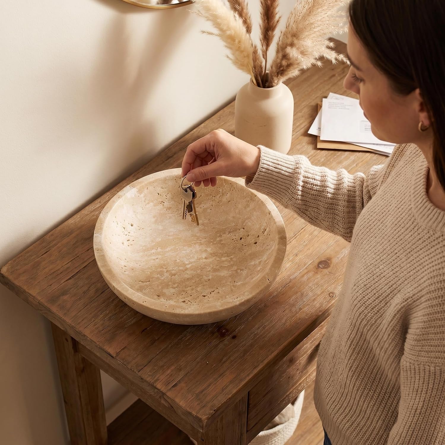 7.87" Natural Travertine Stone Decorative Bowl,Beige, Limestone | Marble Bowl (Decorative Bowl) Functions as Fruit Bowl & Key Bowl; Smooth Beige Finish; for Coffee Table & Kitchen Counter