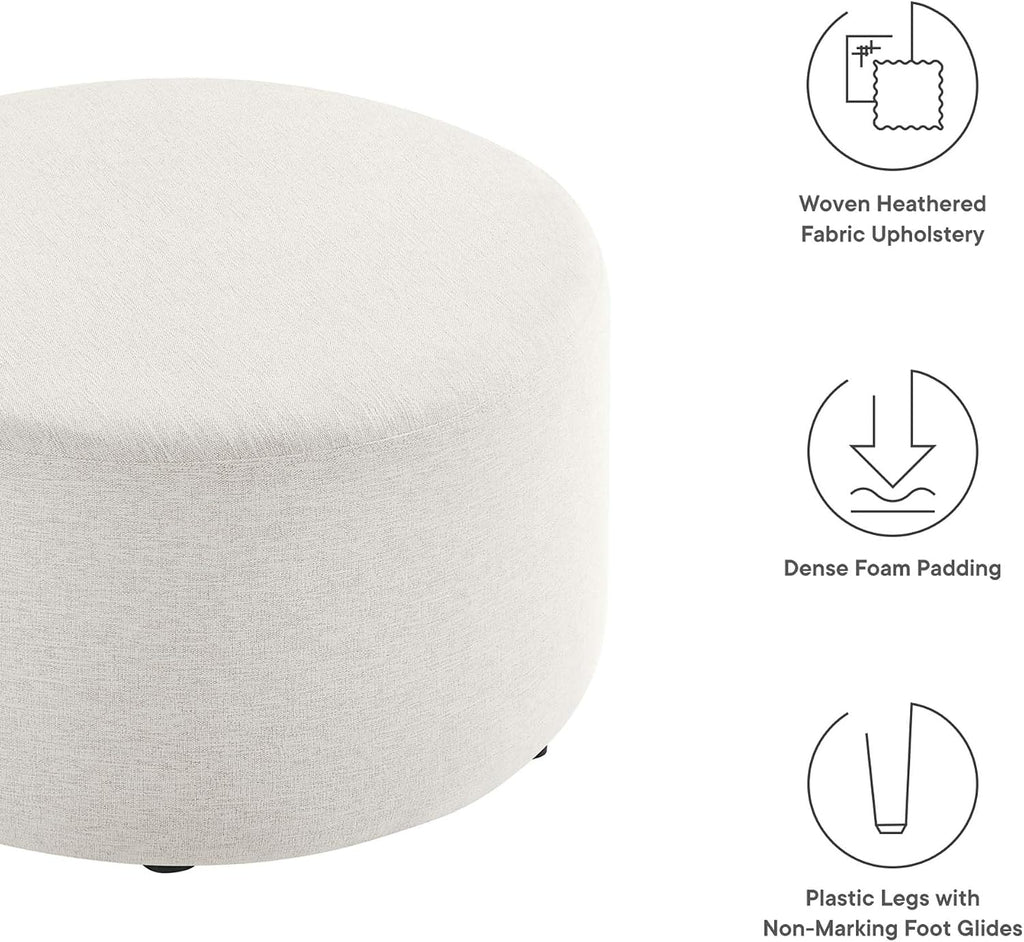 Callum 29 Inch round Ottoman in Heathered Weave Ivory - Heathered Woven Fabric - Versatile Upholstered Coffee Table and Footrest - Couch Ottoman - Living Room Accent Table