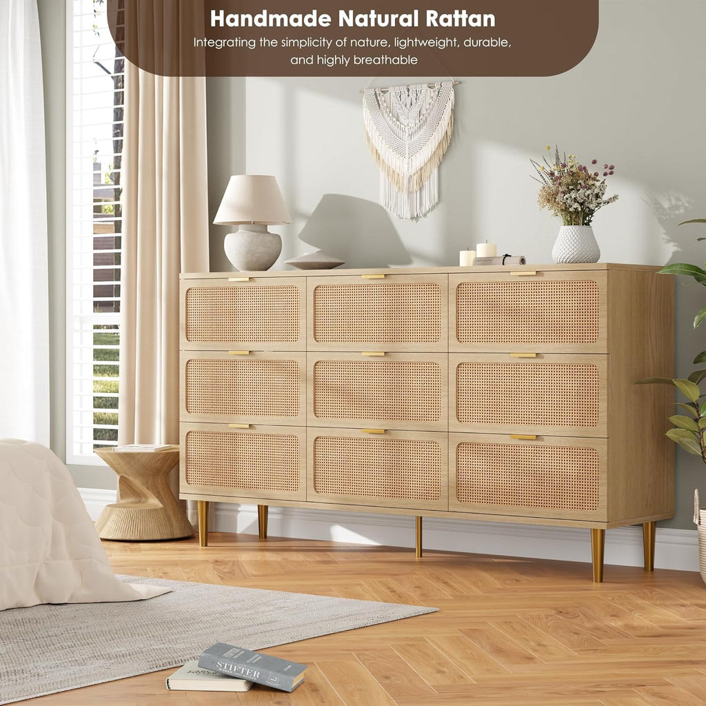 Rattan 9 Drawer Dressers for Bedroom, Deep Drawer, Natural | Tall Dresser, Wide Top, for Living Room, Hallway, Kids Room, Large Chest of Drawers for Closet, Long Wooden Dresser