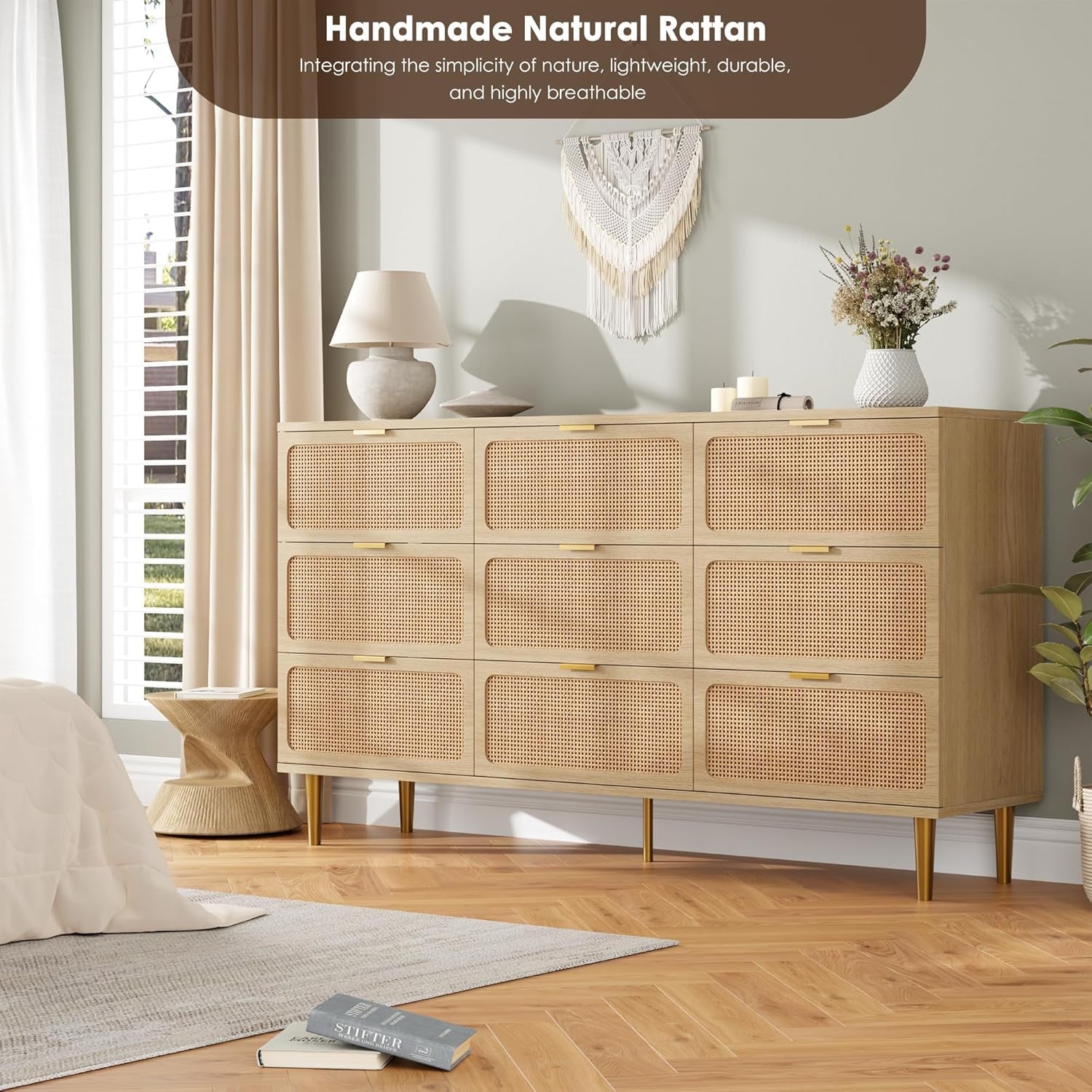 Rattan 9 Drawer Dressers for Bedroom, Deep Drawer, Natural | Tall Dresser, Wide Top, for Living Room, Hallway, Kids Room, Large Chest of Drawers for Closet, Long Wooden Dresser