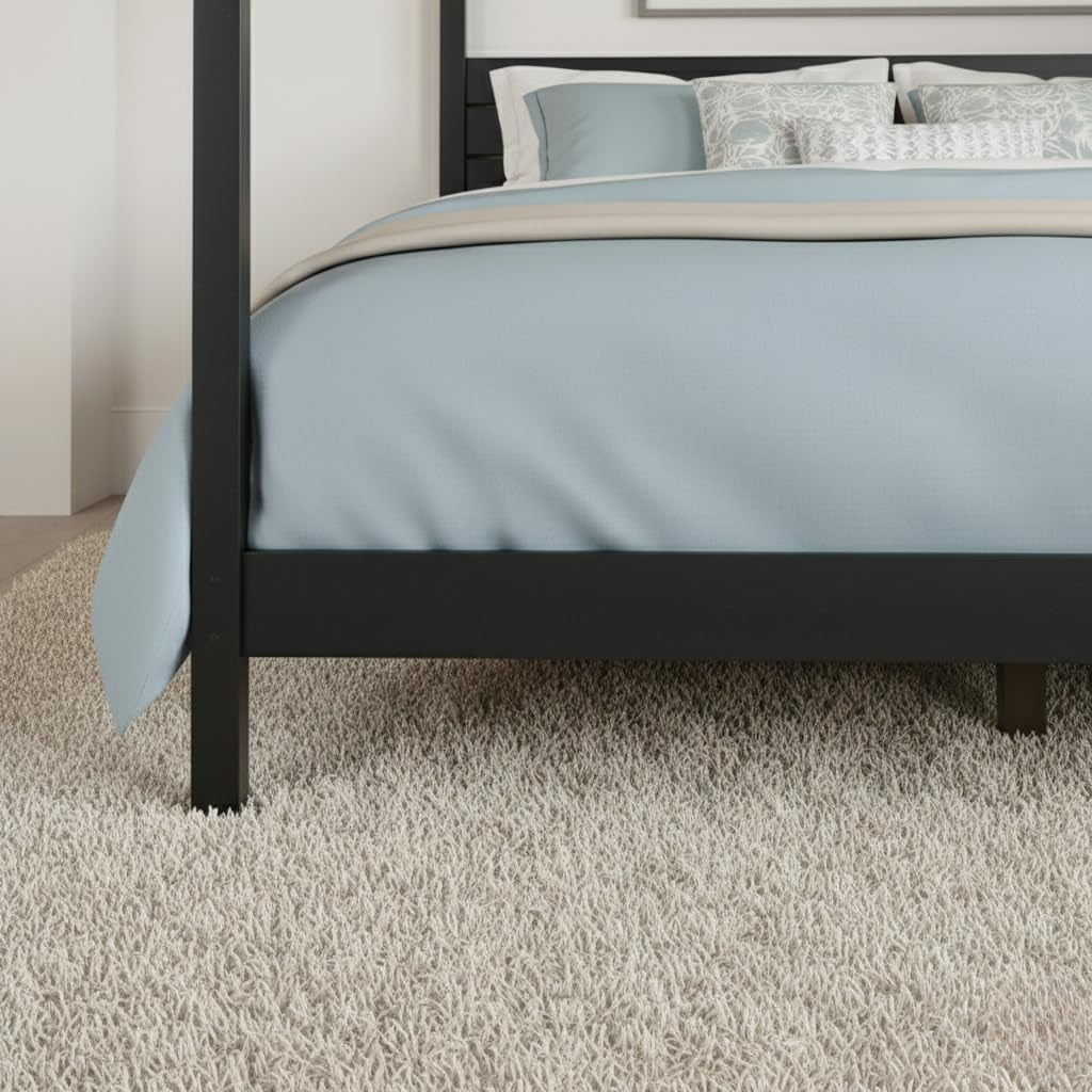 Solid Pine Canopy Bed Frame, King — Matte Black Painted Finish | No Box Spring Needed • Fsc-Certified Pine • Supports up to 560 Lbs • Slatted Headboard, No Box Spring Needed