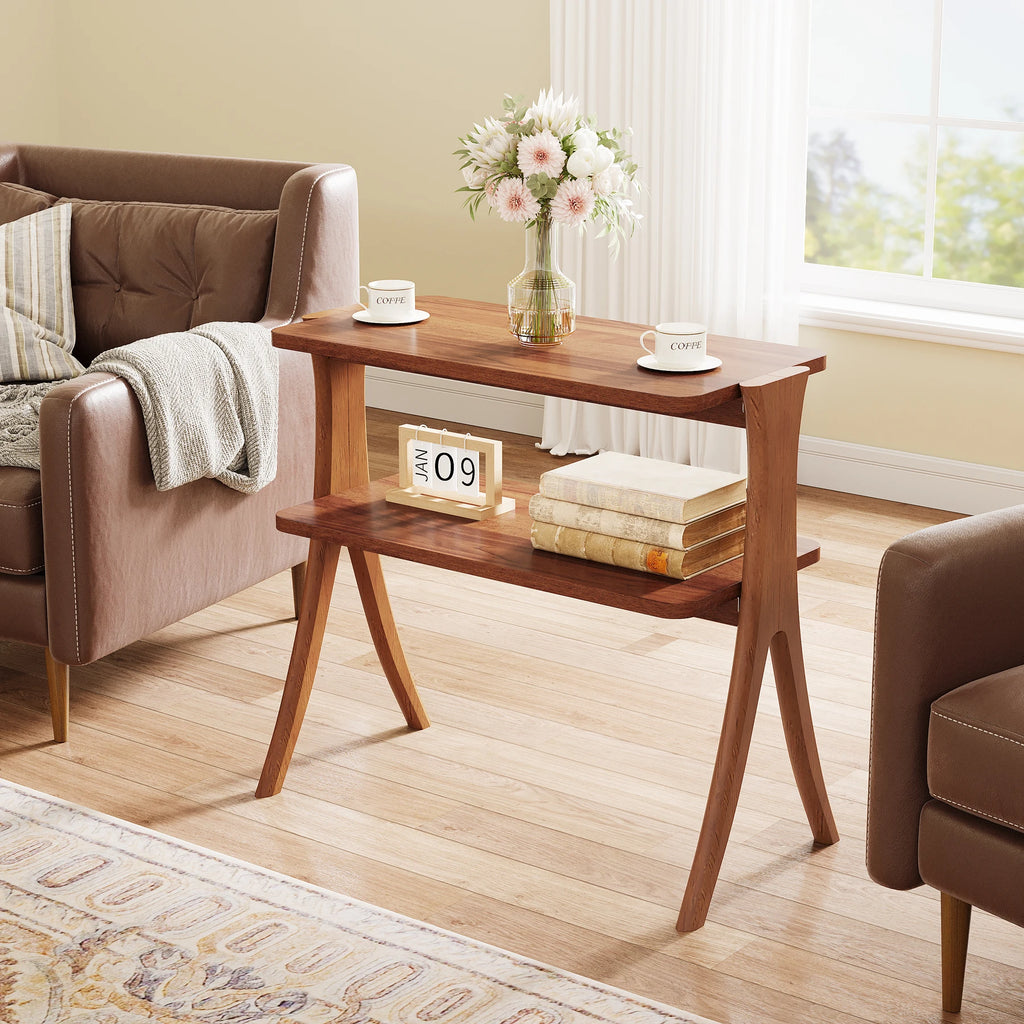 Walnut Side Table for Living Room, Narrow End Table with 2-Tier Storage Shelf and Solid Wood Legs, Slim Bedside Table