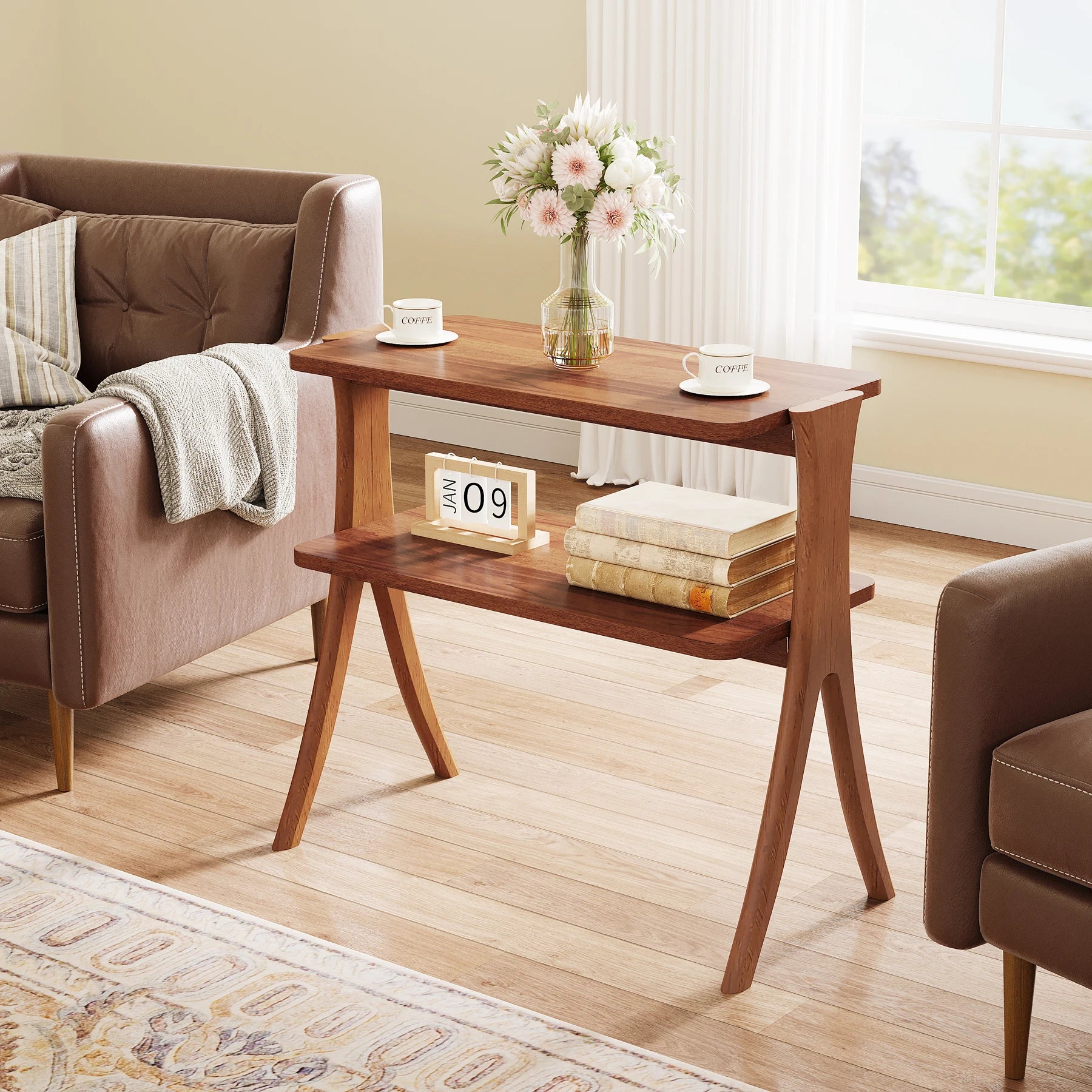 Walnut Side Table for Living Room, Narrow End Table with 2-Tier Storage Shelf and Solid Wood Legs, Slim Bedside Table