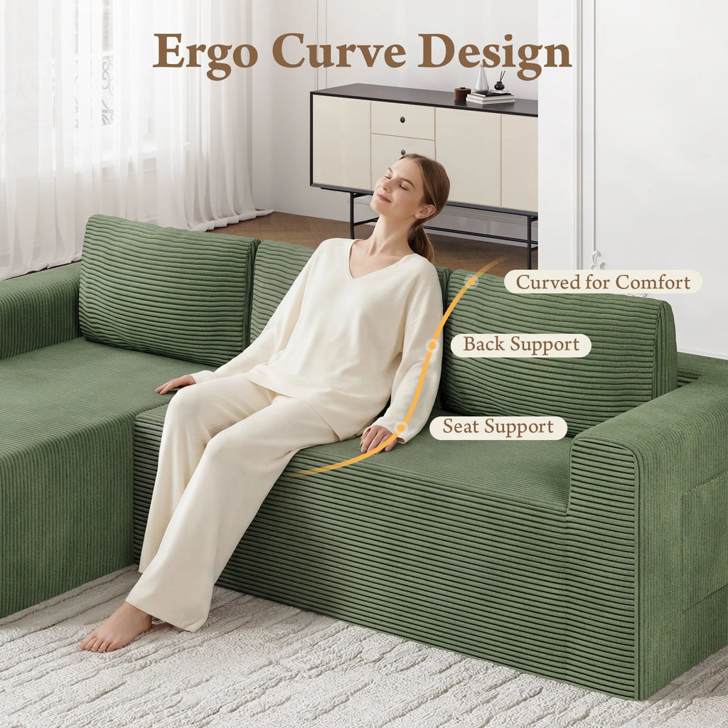 Modular Sectional Sofa Couches L-Shape Couch 3 Seat Modular Sofa Memory Foam Sectional Couches for Living Room, Cloud Couch with Oversized Chaise (Green Stripe, 94.5" Left Facing Chaise)