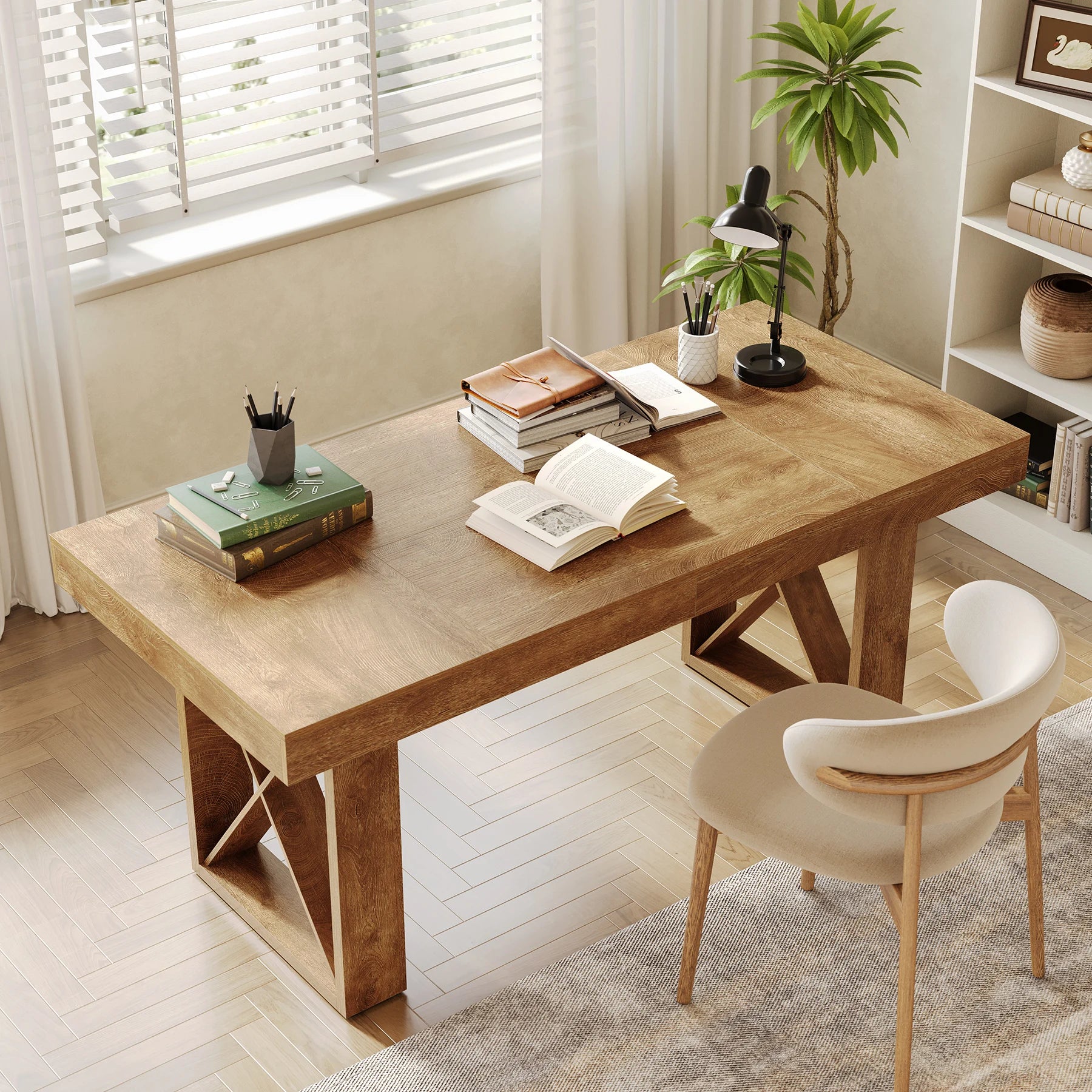 63-Inch Dining Table for 4-6 People, Farmhouse Thick Appearance Design, Rectangle Kitchen Table for Dining Room, Living Room, Brown