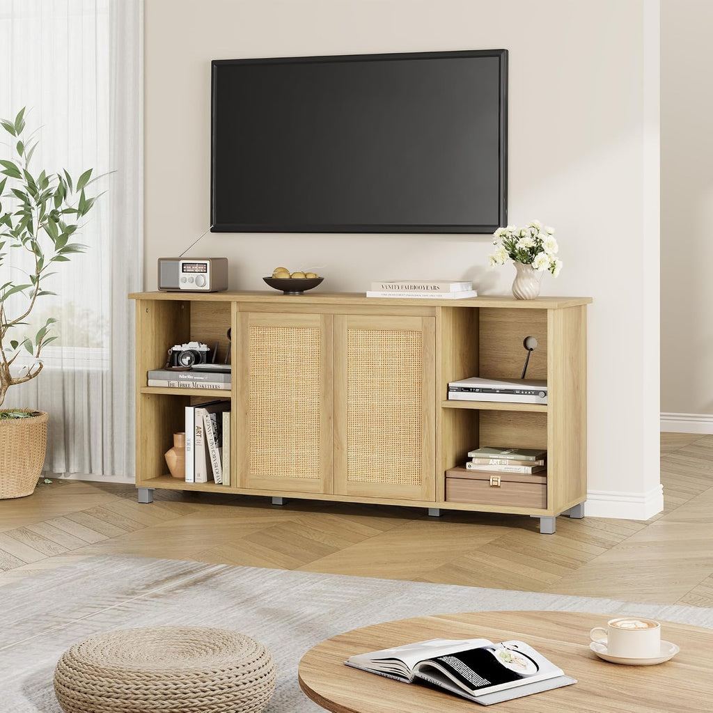 Rattan TV Stand for 65" Tvs, Natural Oak Media Console | Storage Cabinet & Adjustable Shelves, Boho Media Console, Natural Oak Finish, Rattan Doors, Living Room Bedroom